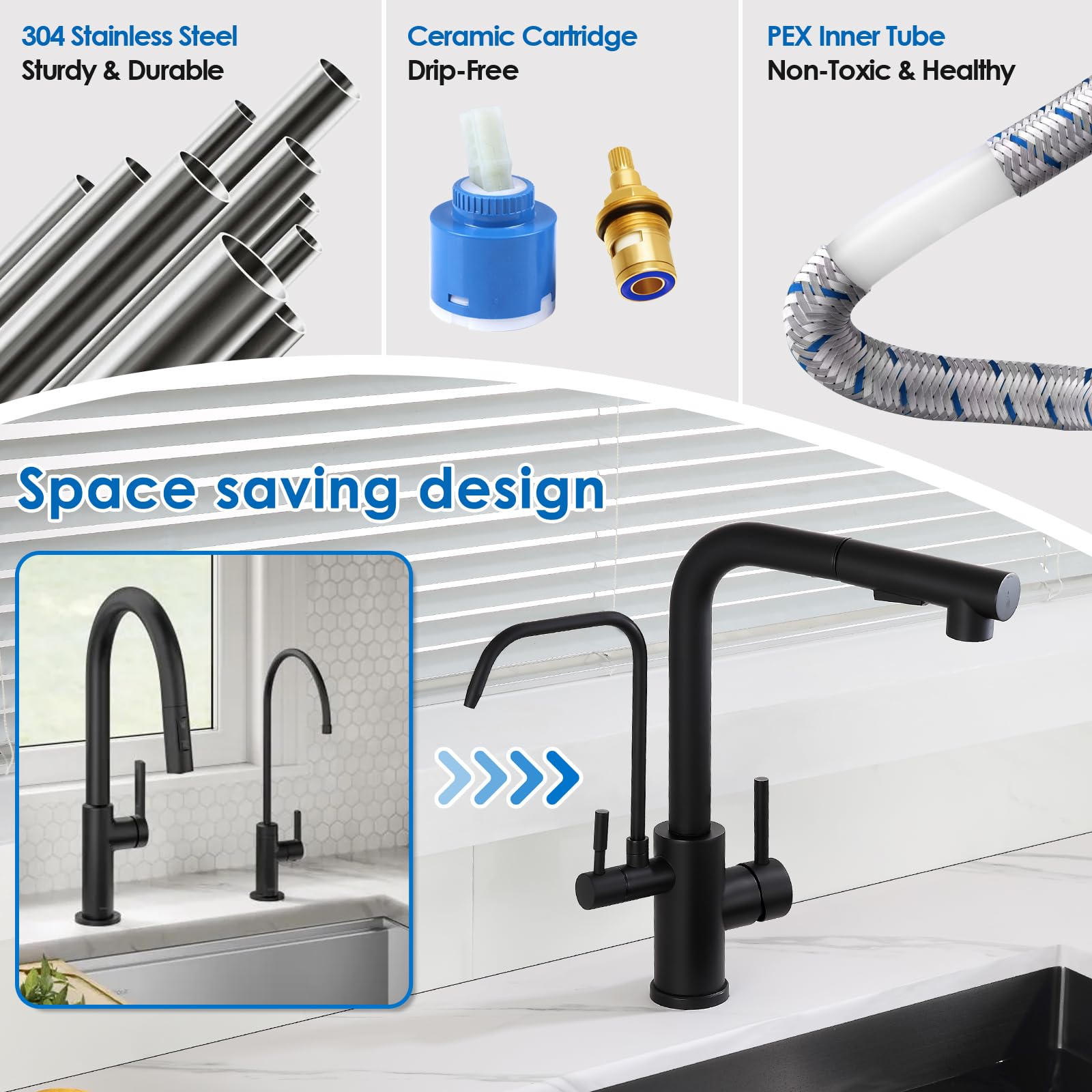 Rovogo Kitchen Faucet With Filtered Drinking Water Spout And Pull Out Sprayer, Dual Handle Single Hole, Stainless Steel, Black