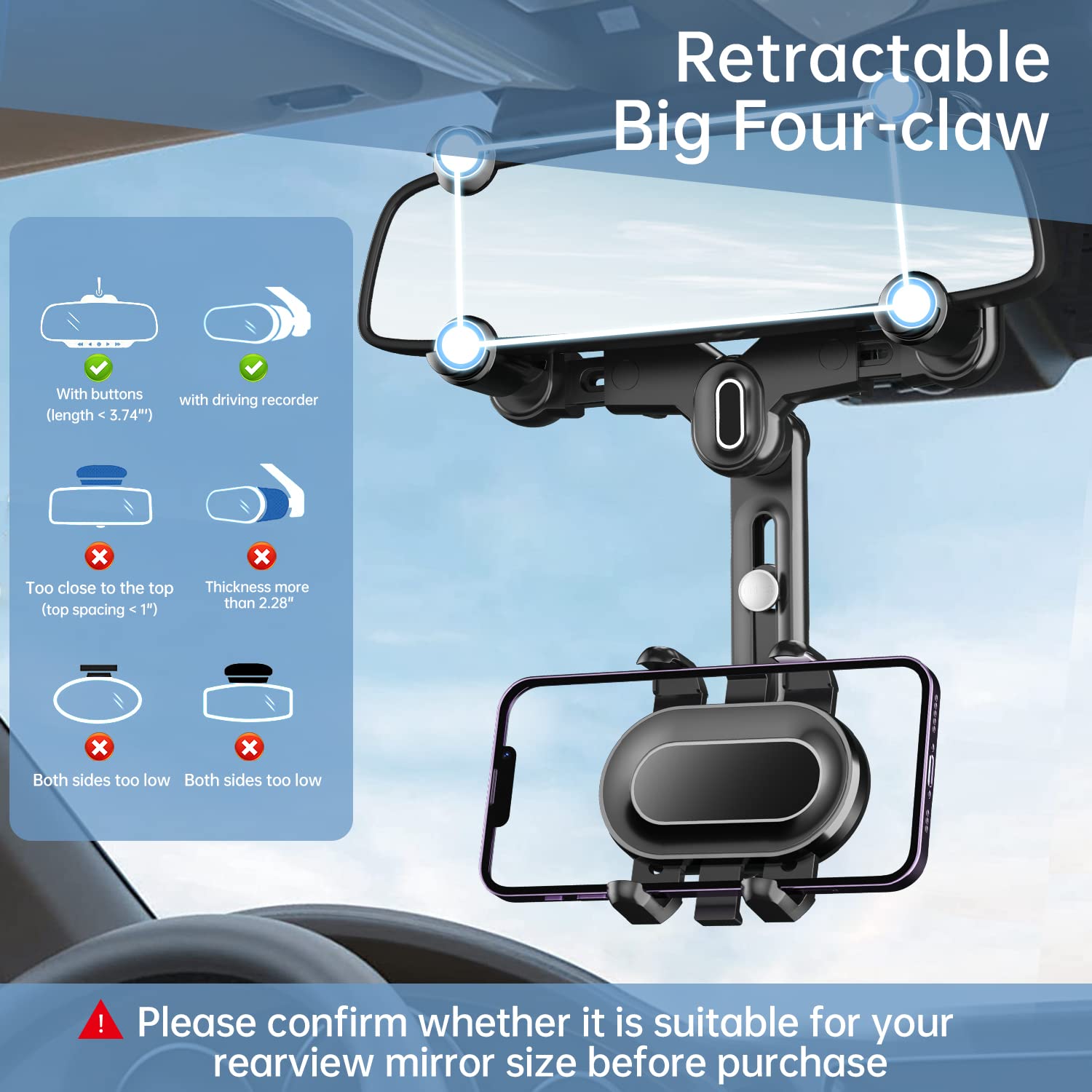 Wuitin Rearview Mirror Phone Holder For Car,360°Rotatable And Retractable Multifunctional Rear View Mirror Phone Holder,Four Corners Fixed Anti-Shake Design,For All Mobile Phones And All Car
