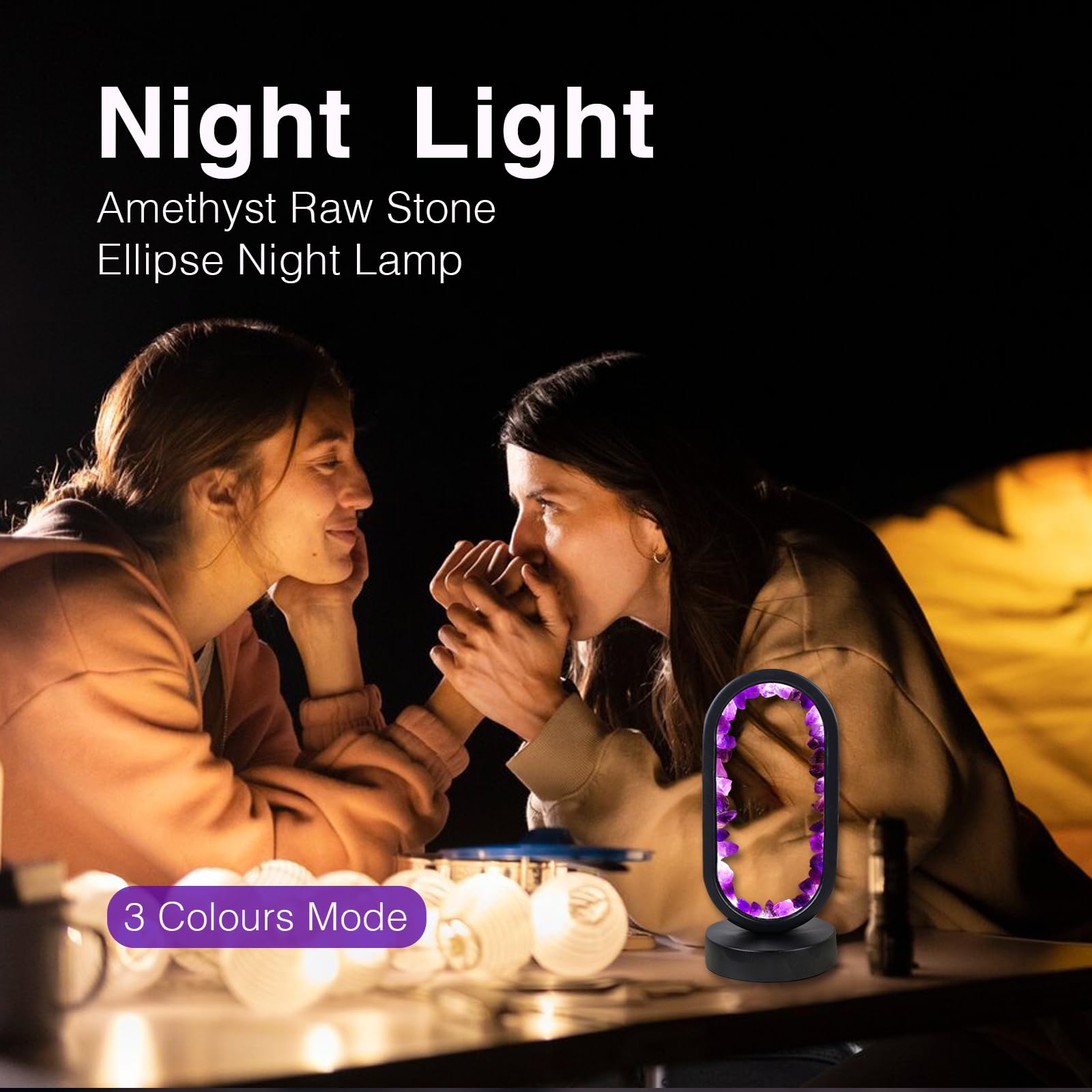 Runyangshi Crystal Lamp Amethyst Raw Stone Ellipse Night Lamp Natural Healing Crystal Night Light Table Lamp Base Usb Port 3 Colours Mode For Bedroom Bedside Lamp Office Home Decor