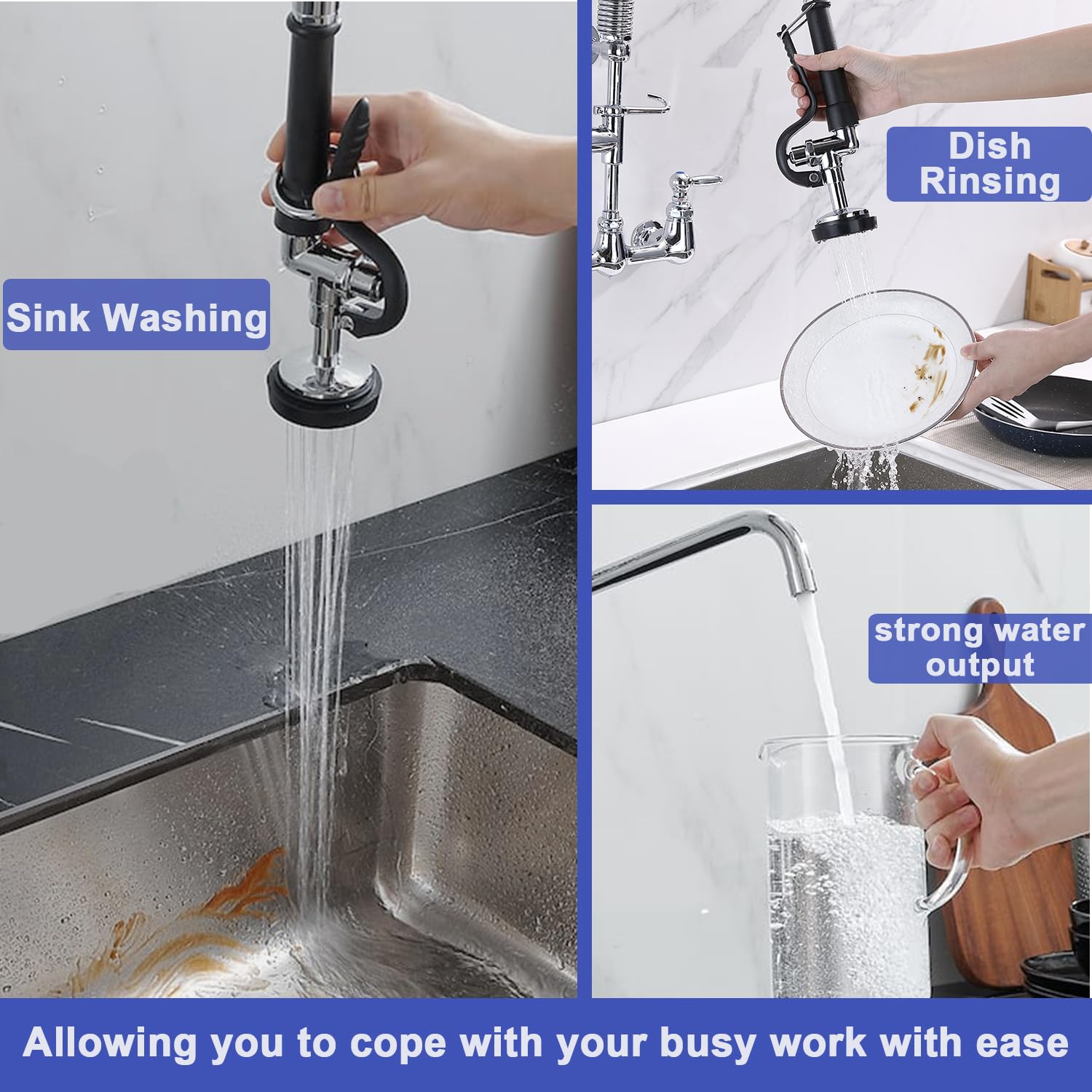 Agahpay Commercial Faucet With Sprayer Wall Mount Kitchen Faucet 8 Inch Center Commercial Sink Faucet 42" Height With Longer Strong Hose 12 Inch Stainless Steel Spout For 3 Compartment Sink Restaurant Hotel