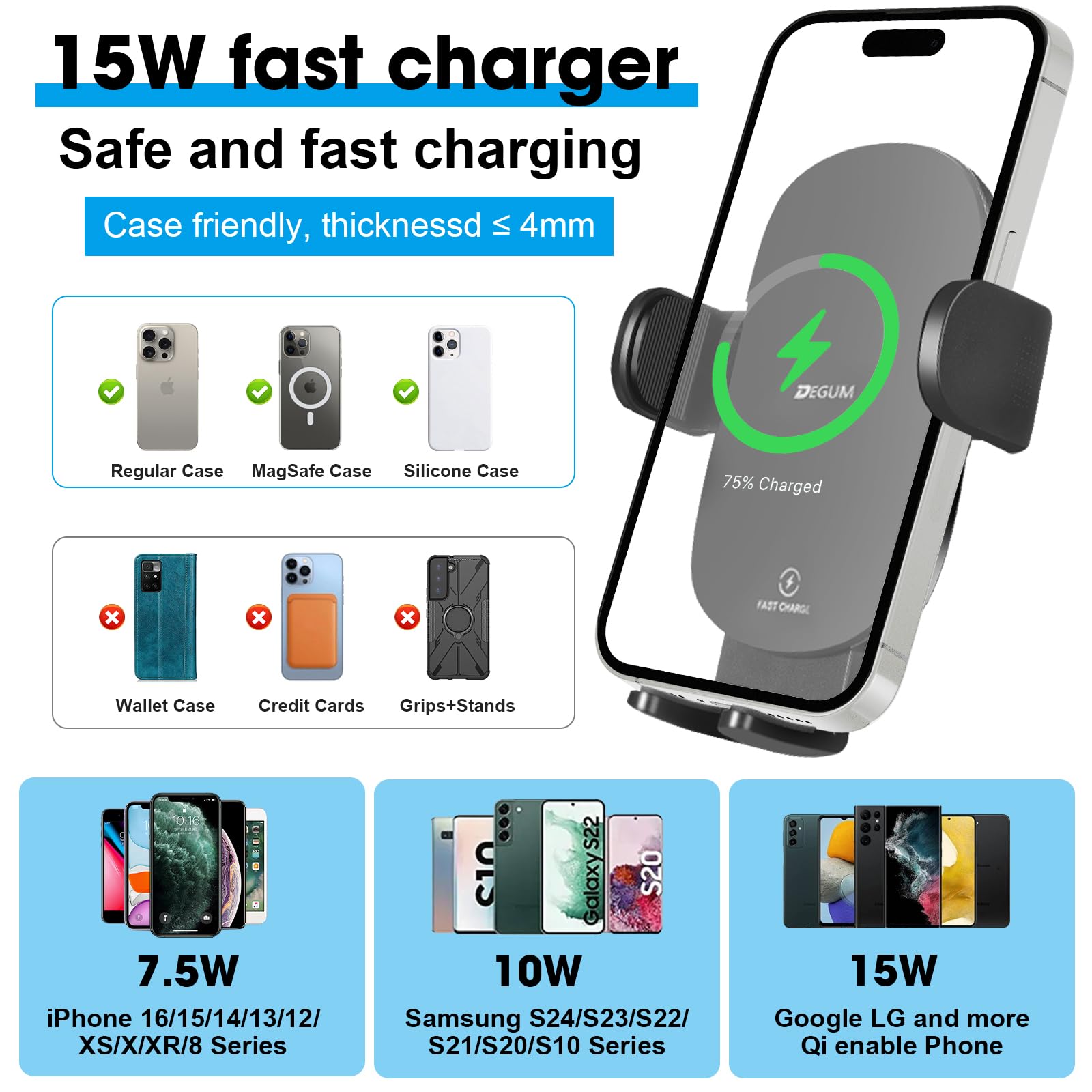 Degum  Wireless Car Charger, Cup Holder Phone Mount With 15W Fast Charging Phone Holder Adjustable Long Arm Height, Compatible With Iphone 16 15 14 13 Samsung Lg And More (With Car Adapter)