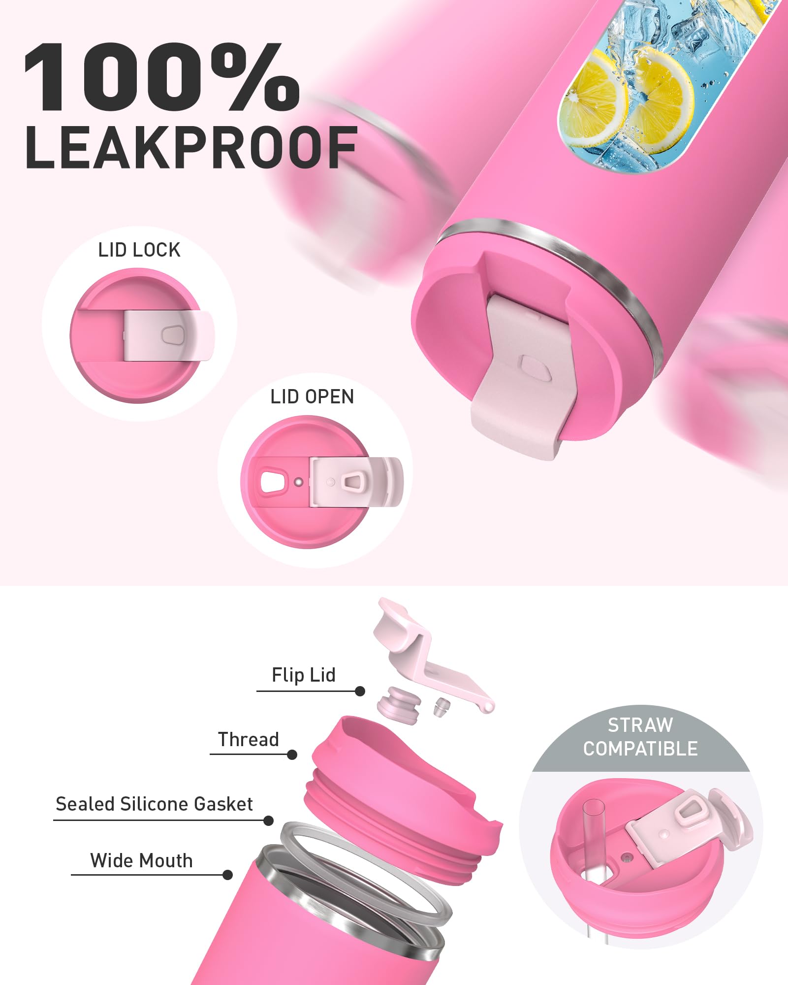 Tourit 16 Oz Insulated Stainless Steel Travel Mug With Lid, Leak-Proof Double-Wall Vacuum Tumbler