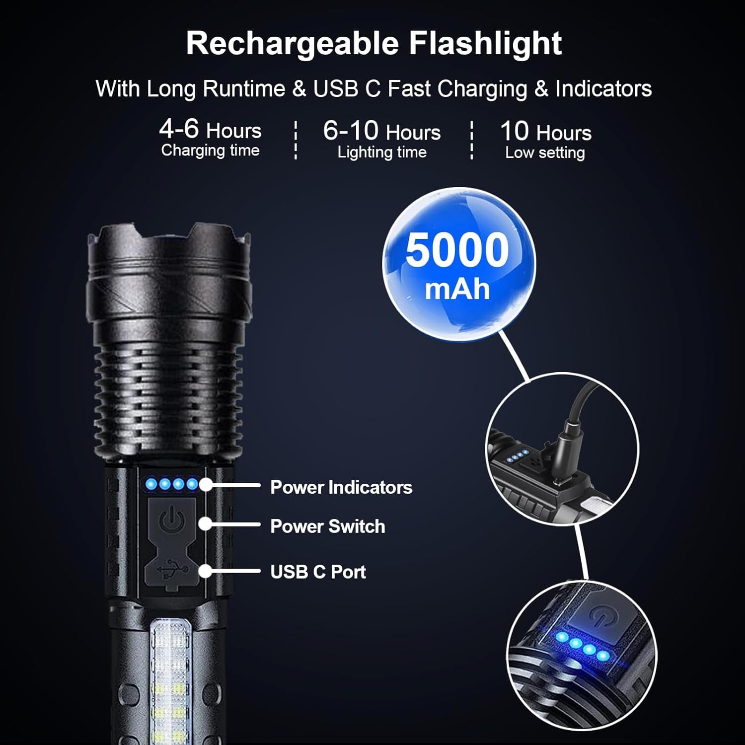Ewenele Flashlights High Lumens Rechargeable 2 Pcs, 1,000,000 Lumens Led Tactical Flashlight Battery Powered With 7 Light Modes, Cob Side Light, Usb C, Waterproof, Zoomable, Powerful Handheld Flash Lights