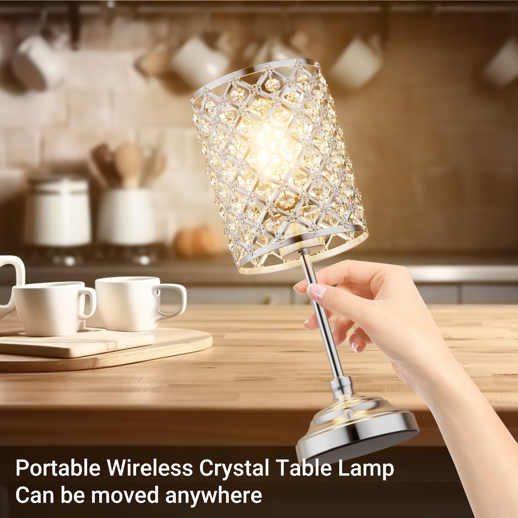 Irotine Cordless Crystal Table Lamp With Dimmer, Built-In Rechargeable Battery Powered Table Lamp For Dining Room, Bedroom, Bedside, Restaurant, Bar (Chrome)