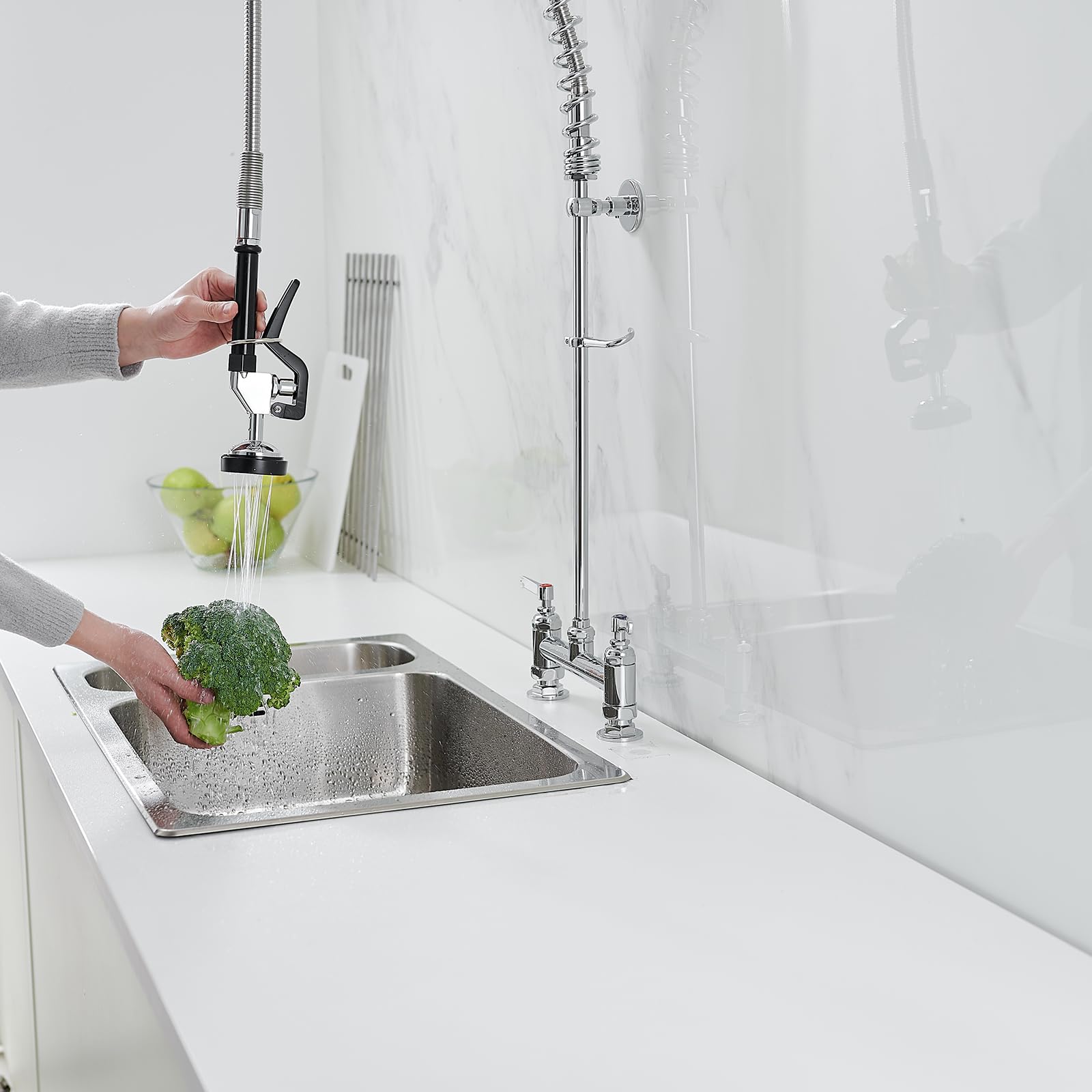 Greenspring 43" Height Chrome Commercial Kitchen Faucet With Pre-Rinse Sprayer For Kitchen Sink Brass Kitchen Sink Faucets For 2 Hole Sink Deck Mount For Restaurant Hotel