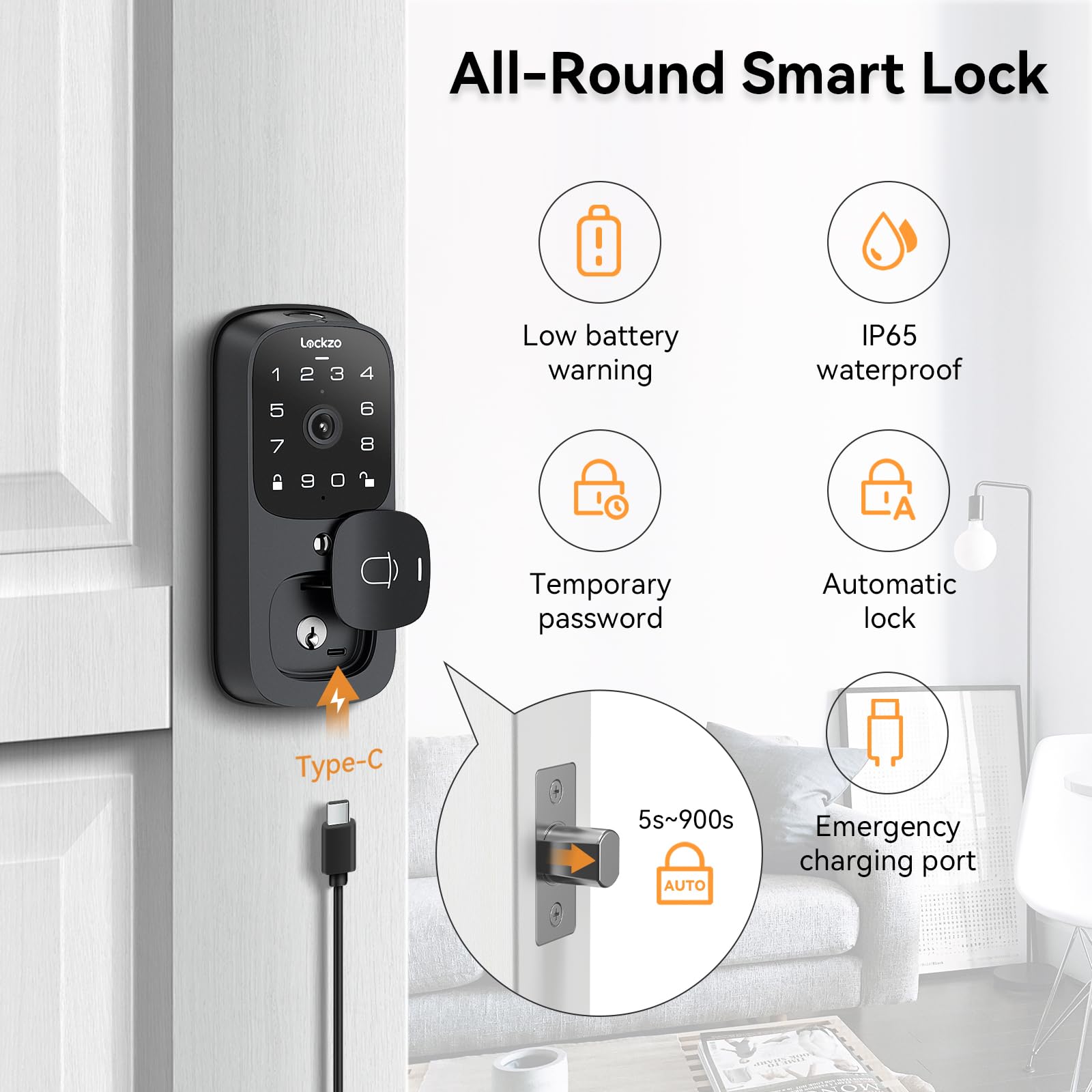 Lockzo Video Smart Lock With Doorbell, 6 In 1 Keyless Entry Door Lock, Built-In Wifi Camera Deadbolt Lock For Front Door, Fingerprint, Keypad Code, App Control, Voice Control, Auto Lock, Ip65, Video Calling