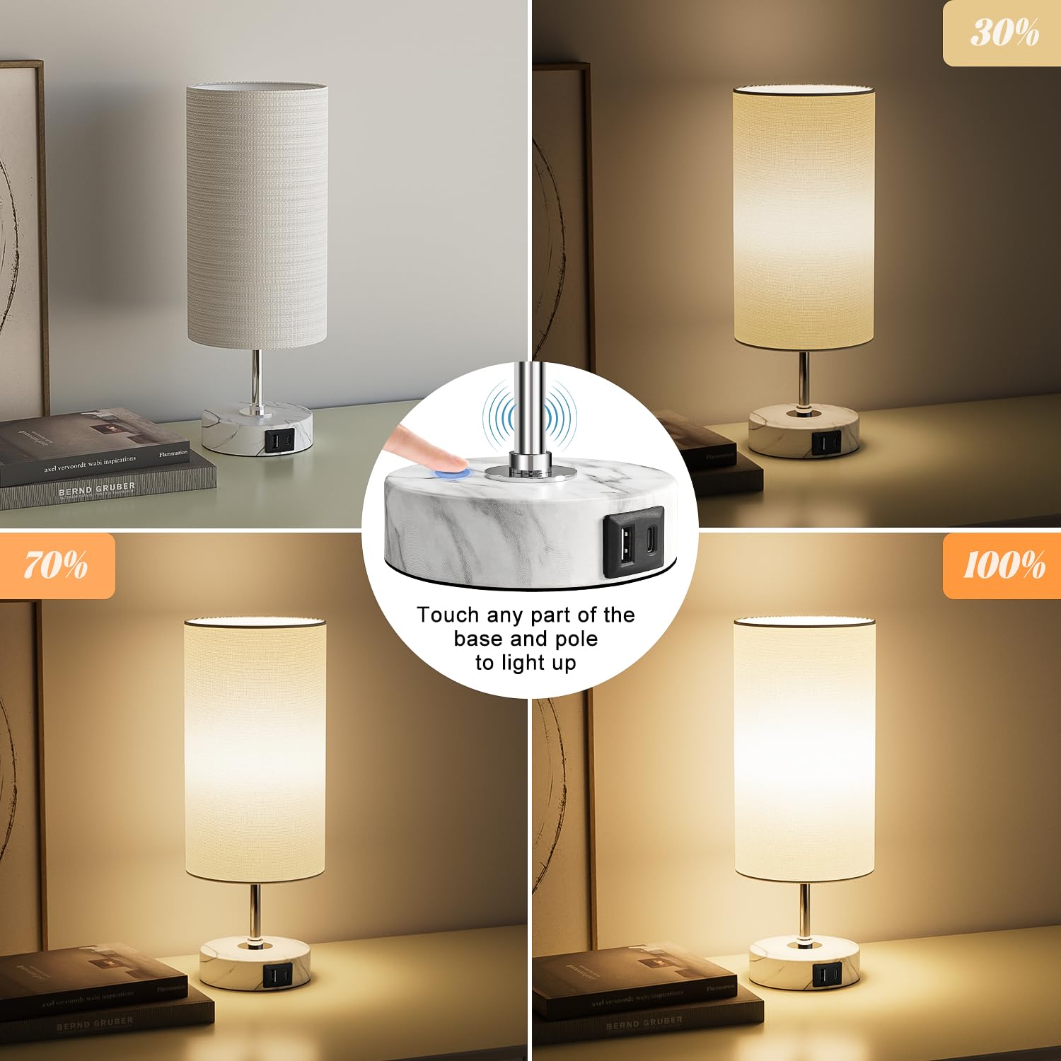 Luxebeam 3-Way Dimmable Bedside Touch Lamp - Usb-C And Usb-A Ports, Faux Marble Base, White Shade With Silver Thread, Includes 8W Led Bulb For Bedroom, Living Room, Desk