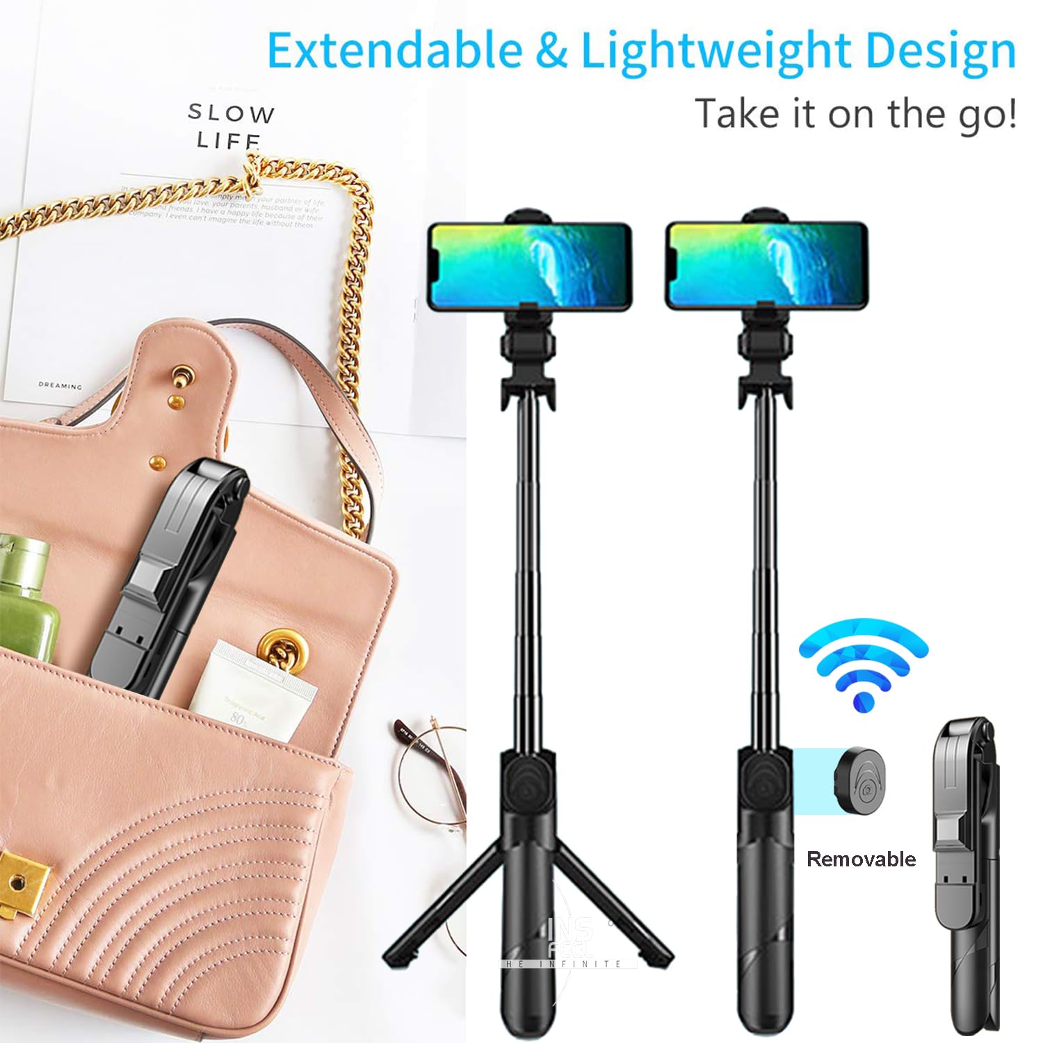 Insfeel Selfie Stick Tripod With Remote - Portable Bluetooth Travel Cell Phone Stand Compatible For Iphone 14/13/12/11 Pro/Xs Max/Xs/Xr/X/8/7, Samsung Galaxy, Android Smartphone (S-Black)