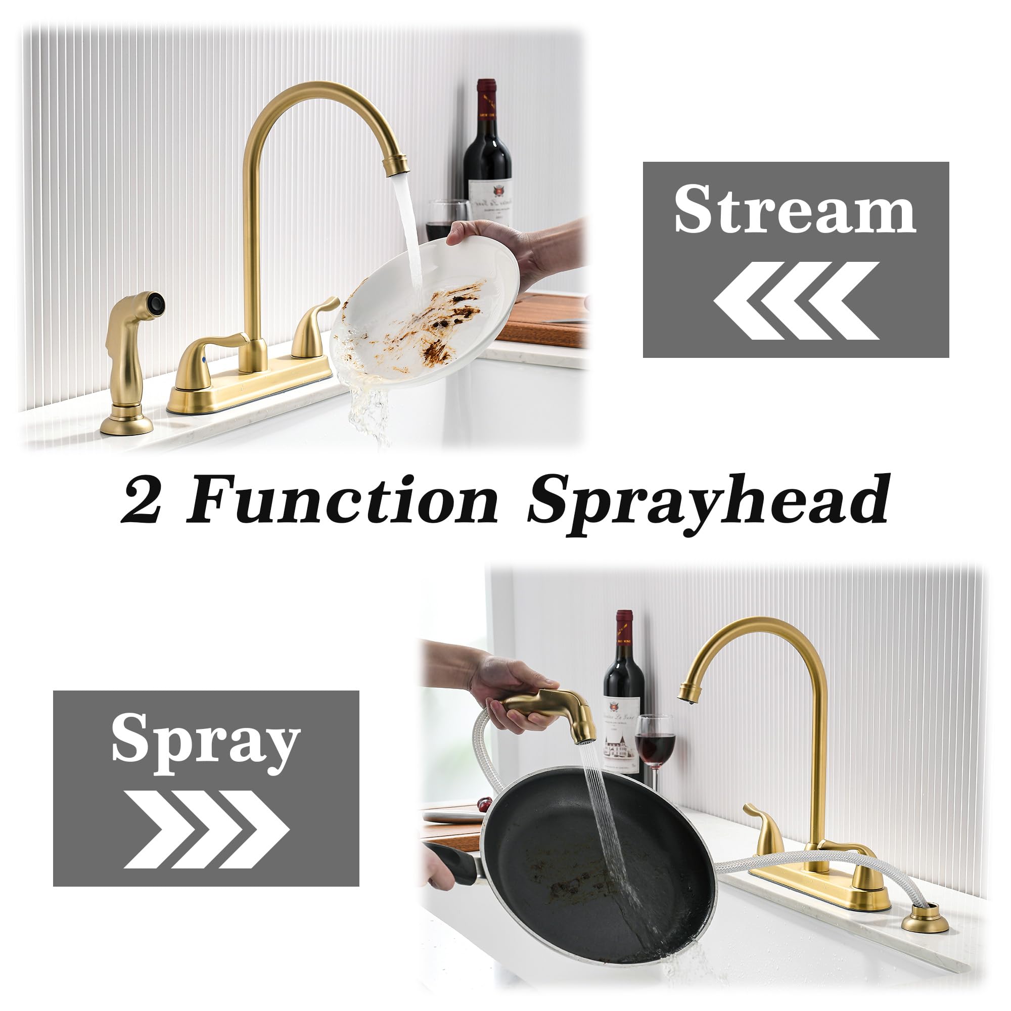 Fropo Gold Kitchen Faucet With Side Sprayer - 2 Handle 8 Inch 3 Or 4 Hole Modern Brass Matte Gold Faucet Set With High Pressure Sprayer & Supply Lines