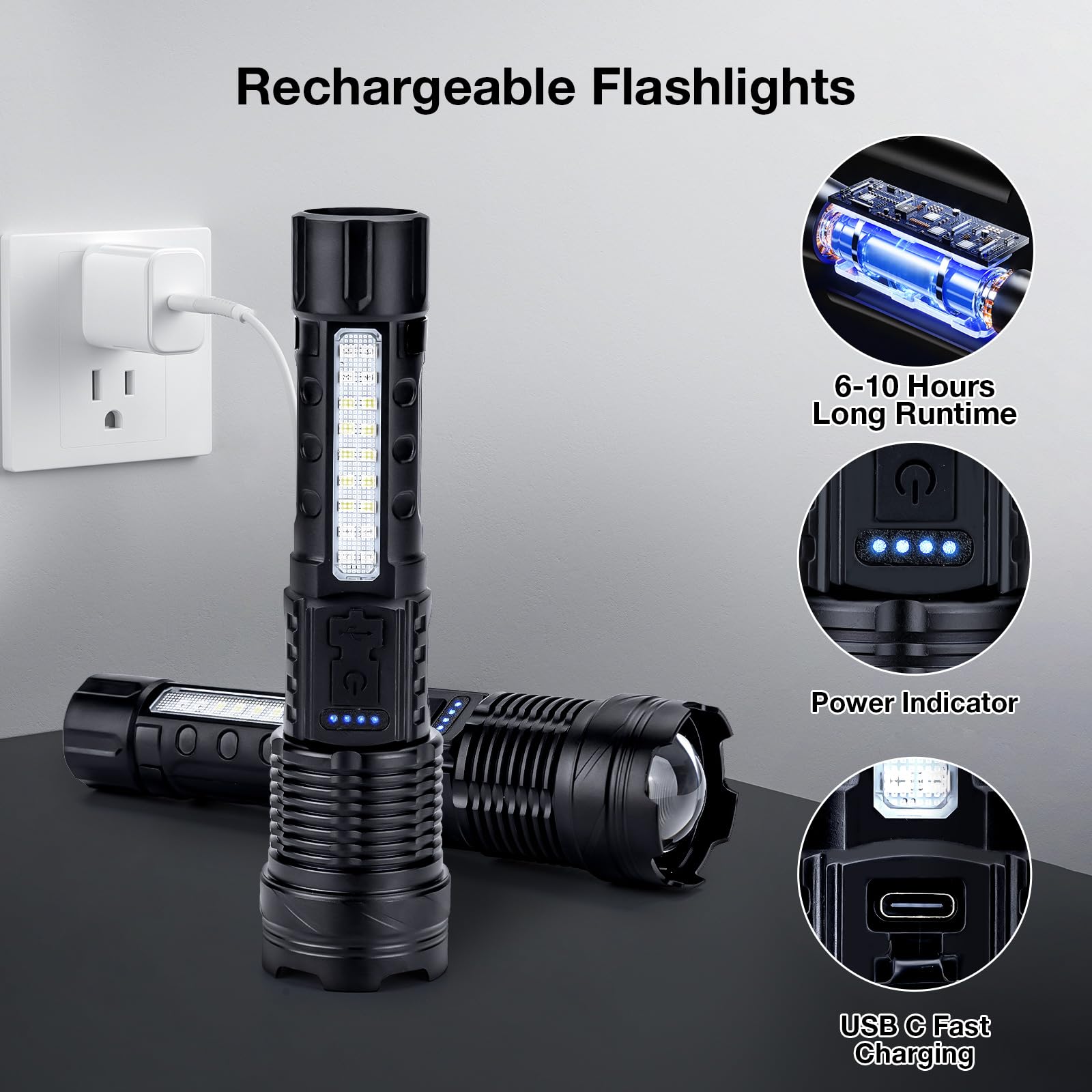 Peascat Flashlight High Lumens Rechargeable 2 Packs, 1,000,000 Lumens Super Bright Led Battery Powerful Handheld Flashlights With 7 Modes, Cob Side Light, Usb C, Zoomable, Waterproof For Emergencies