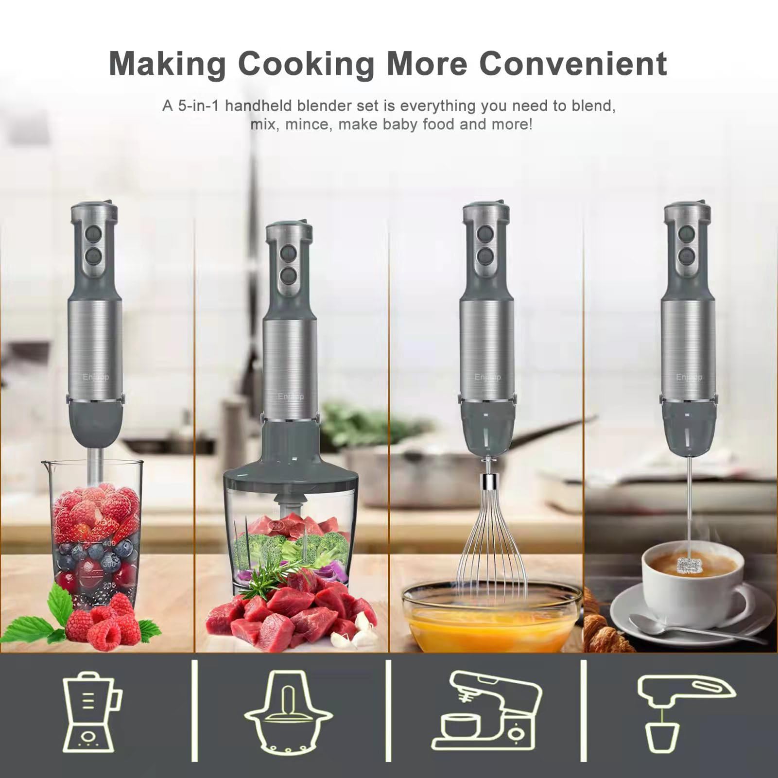 Cometx Multi-Functional 5-In-1 Hand Blender Stick Blender Milk Frother Egg Whisk With Adjustable Speeds 500Ml Food Grinder/ 600Ml Container