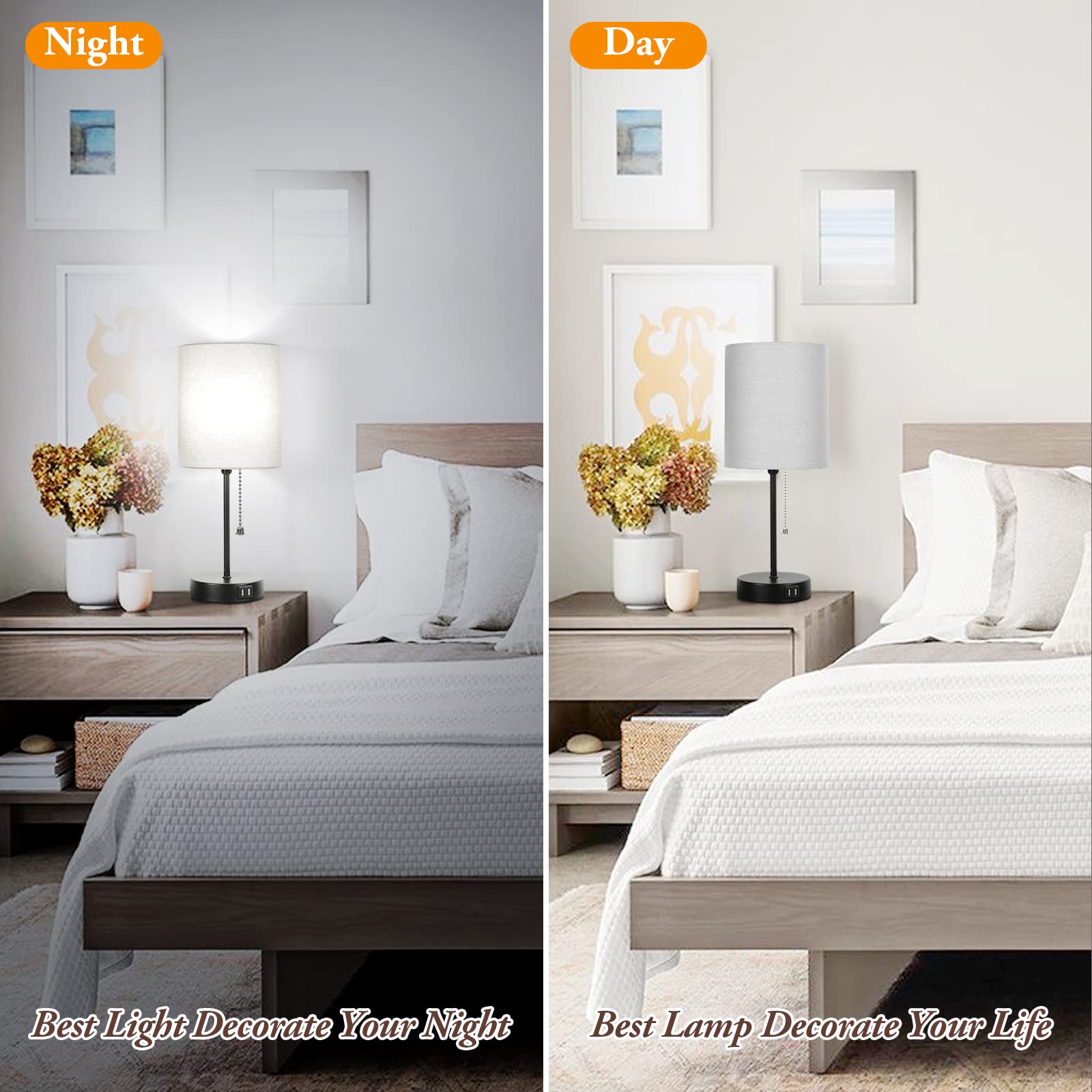 Bosceos Table Lamps Set Of 2 With Usb Charging Ports, Grey Bedside Lamps With Ac Outlet, Nightstand Lamps With Pull Chain Switch, Minimalist Modern Desk Lamps