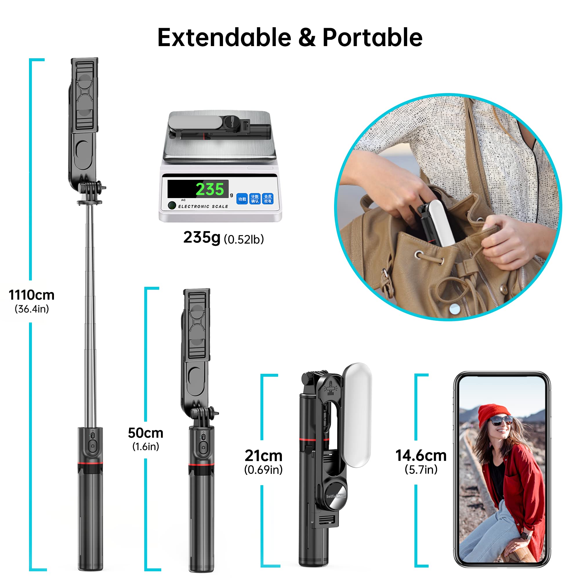 Selfieshow Stable Selfie Stick Tripod With Fill Light, 44 Inch Extendable Selfie Stick With Wireless Remote And Tripod Stand 360 Rotation For Iphone 15/14/13/12/11 Pro/Xs Max/Xs/Xr/X/8/7, Samsung And Smartphone