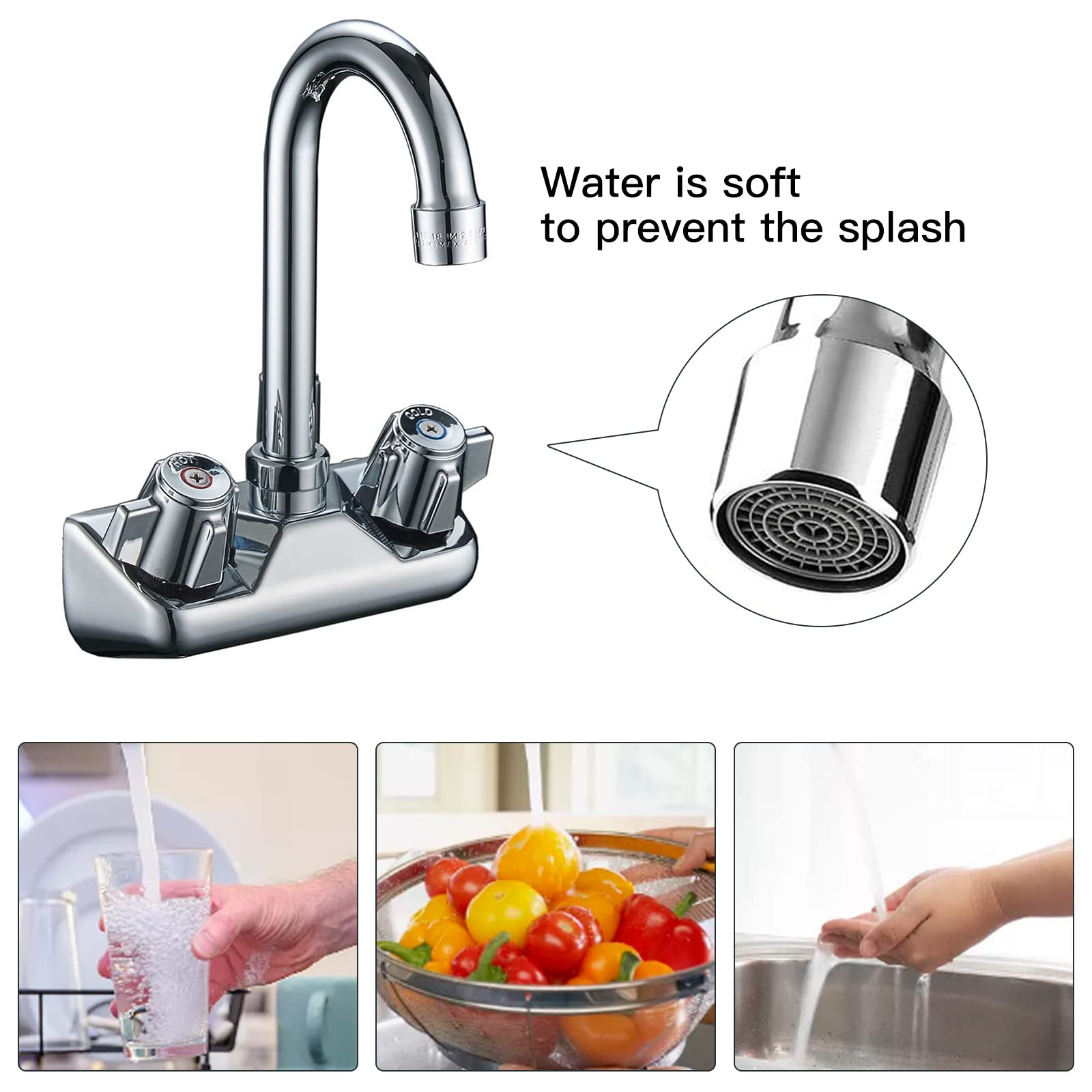 Bwe Commercial Kitchen Faucet Wall Mount 2 Handle Kitchen Sink Faucet 4 Inch Center Sink Faucet With Swivel Gooseneck Spout For Utility Laundry Restaurant Mixer Tap Chrome