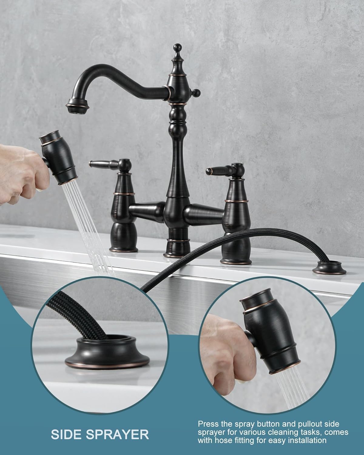 Aleasha Bridge Centerset Kitchen Sink Faucet, Deck Mount Brass Kitchen Faucet With Side Sprayer, 2 Handle 4 Hole 360° Swivel Vintage Farmhouse Copper Faucet, Oil Rubbed Bronze