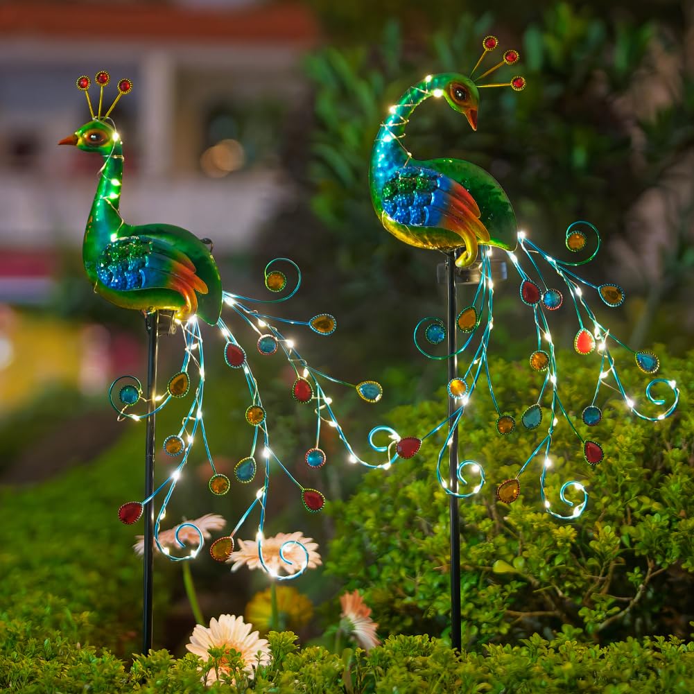 Vewogarden 2 Pack Solar Stake Lights Outdoor Waterproof Metal Peacock Solar Lights For Yard Garden Patio Pathway Walkway, Green