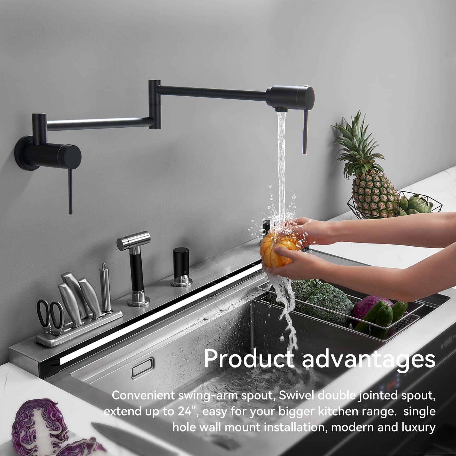 Mr. Faucet Wall Mount Kitchen Pot Filler Faucet 360° Swivel Folding Swing Arm Built-In Bearing Joint Technology, For Kitchen Stove, Coffee Station, Bar Filler&Water Station(Matte Black)
