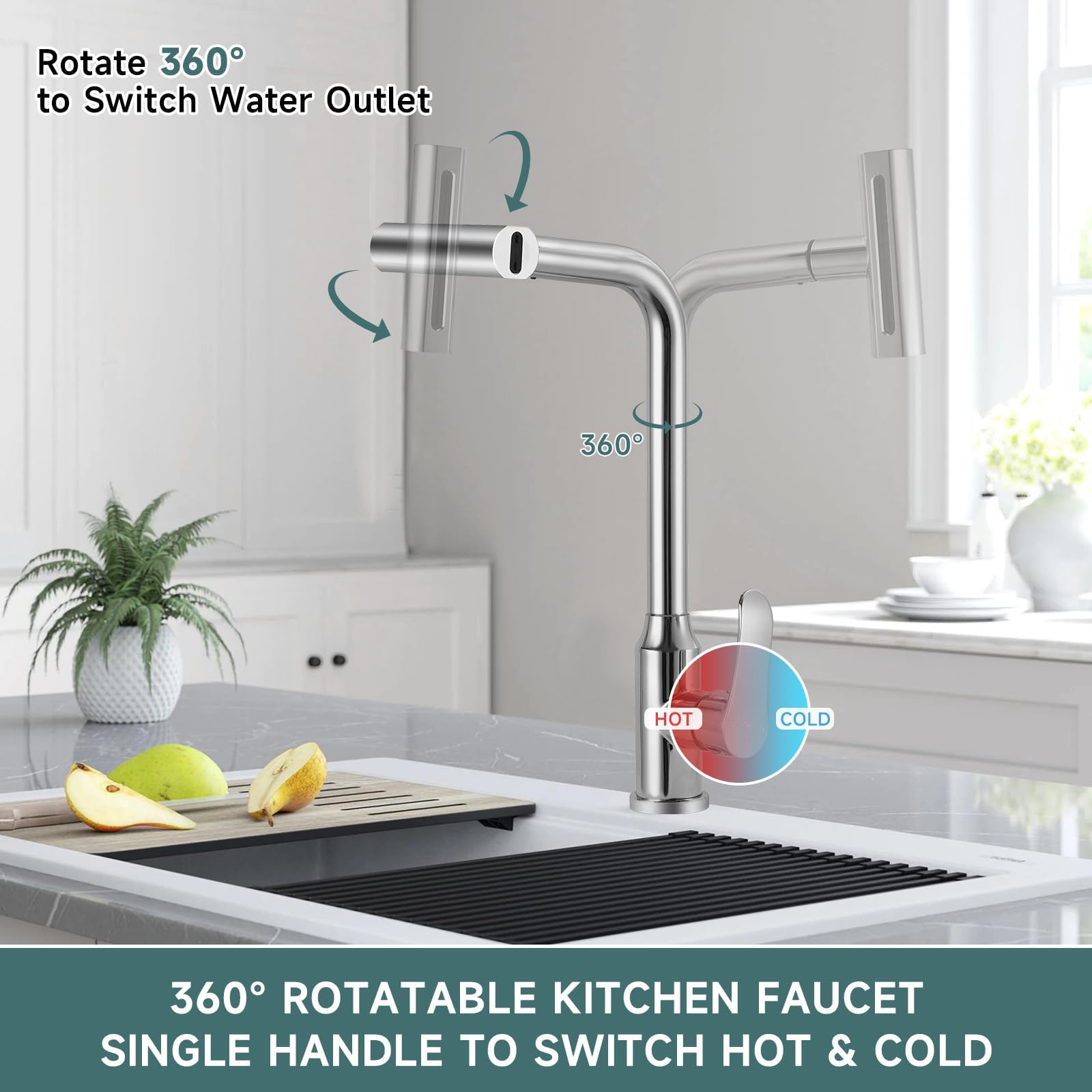 Fefue Waterfall Kitchen Faucet With Pull-Out Sprayer With 4 Modes Sprayer, Stainless Steel 360° Swivel Kitchen Sink Faucet, High Arc Single Hole Sink Faucet (Silvery)