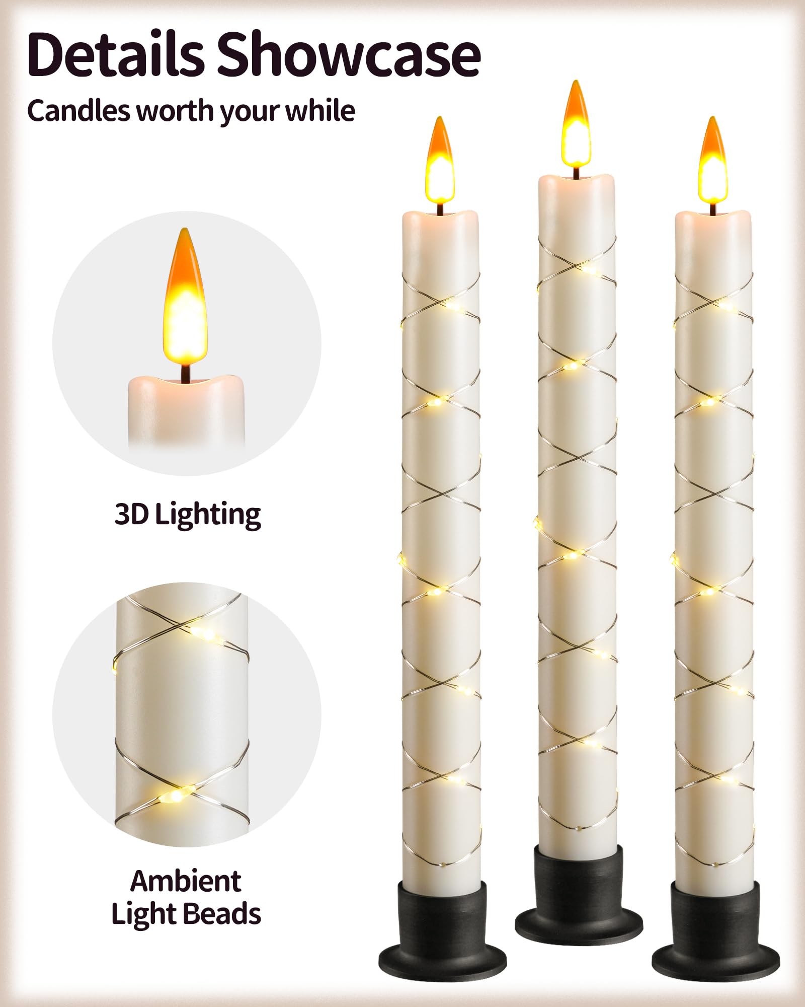 Da By Da 3 Pcs Flameless Window Candle With Remote And Timer, Battery Operated With String Lights, 9.6 Inch Christmas Candle With 3 Black Base For Home Decoration