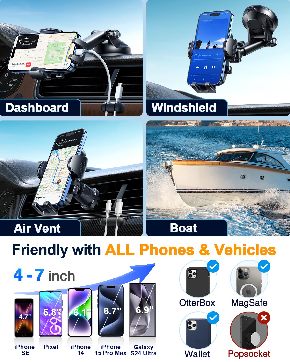Yru [True Military-Grade & 360 Degrees Rotatable Suction]  Ultimate Car Phone Holder Mount 【90+Lbs Safest Strongest & Patent Certs】Dashboard Windshield Vent For Iphone 16 15 Pro Max Samsung, Black