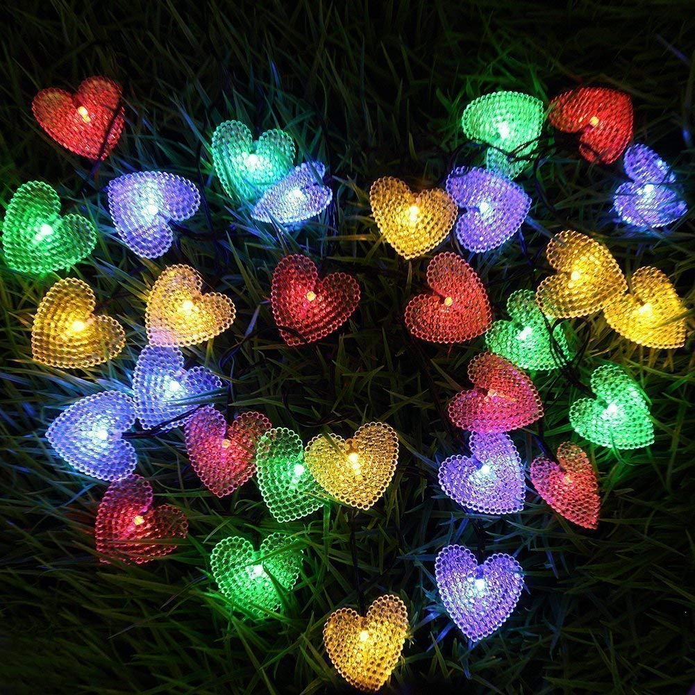 Lafeina Solar Powered String Lights, 20Ft 30 Led Solar Heart-Shaped String Lights Waterproof Ambiance Lighting For Indoor Outdoor Patio Garden Home Christmas Wedding Party Decoration (Multi)