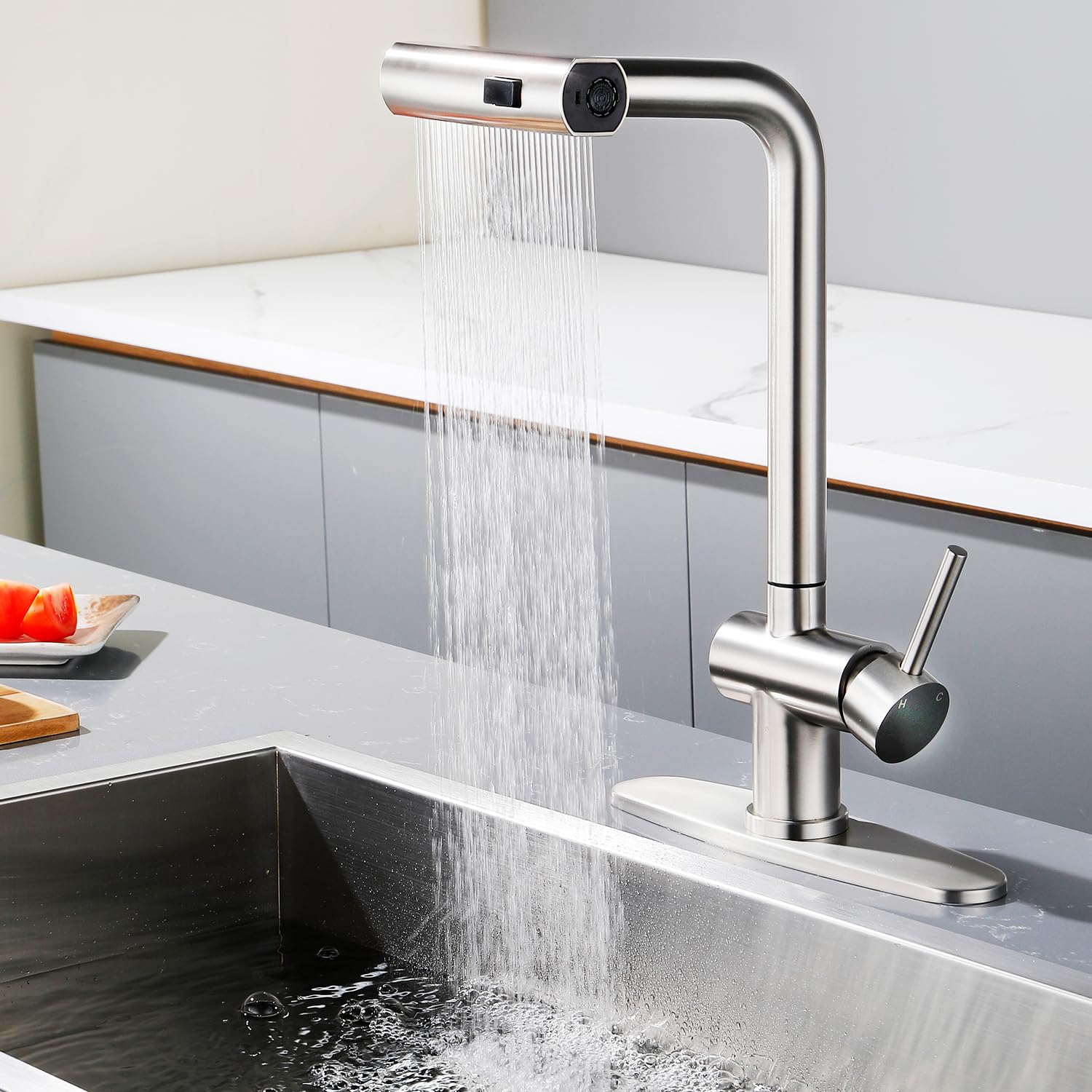 Vsunhoo Brushed Nickel Kitchen Faucets, Kitchen Faucet With Sprayer, Single Handle Pull Out Kitchen Sink Faucet With 3 Modes Sprayer, Commercial Farmhouse Rv Bar Utility Kitchen Faucets Kf034L