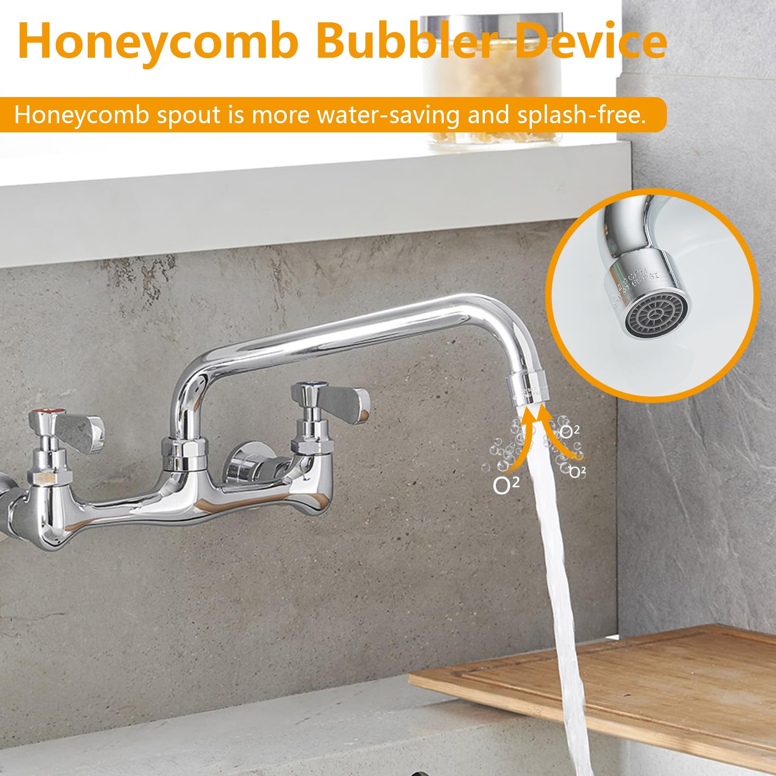Bathlavish Kitchen Sink Faucet Chrome Wall Mount Commercial Brass Sink Faucet W/8“ Center Swivel Spout 2 Dual Handle Wall-Mount For Utility Laundry Room Restaurant Outdoor Sink