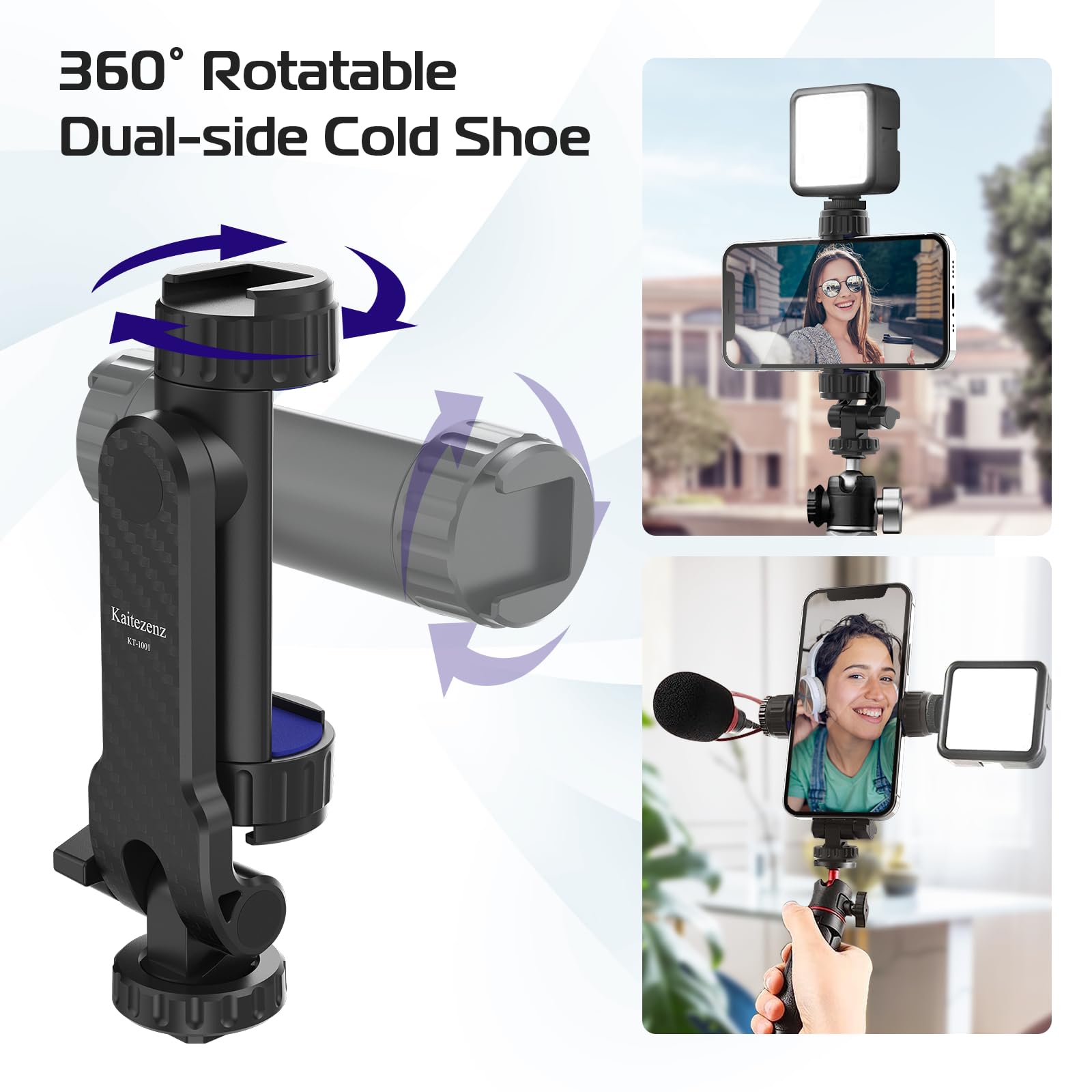 Kaitezenz Cell Phone Tripod Mount, Universal Tripod Phone Mount With 2 Cold Shoes, 360° Rotates 180° Tilts Camera Hot Shoe Phone Mount Smartphone Tripod Holder Adapter For Iphone Samsung All Phone