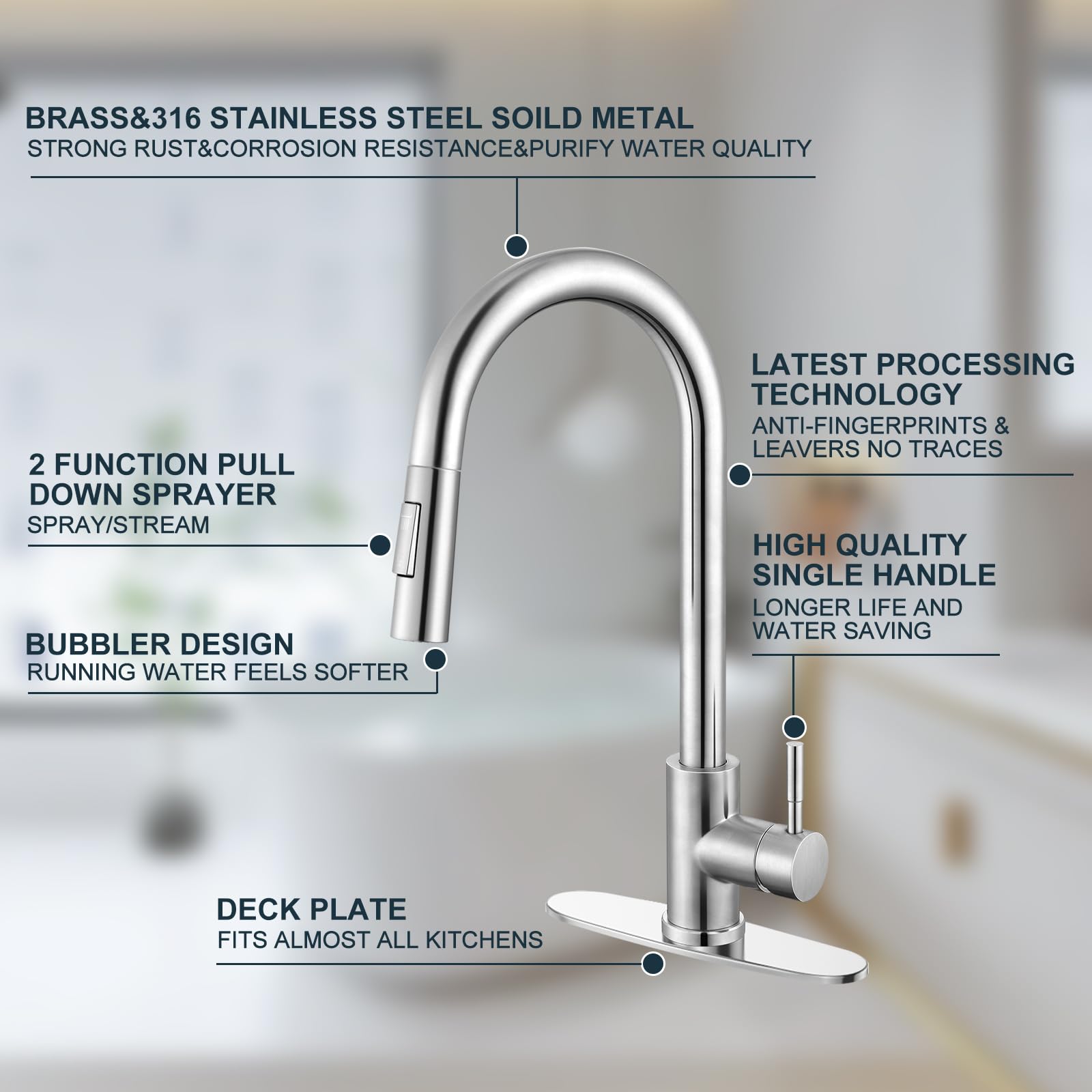 Vakitap Single Handle High Arc Brushed Nickel Pull Out Kitchen Faucet,Single Level Stainless Steel Kitchen Sink Faucets With Pull Down Sprayer, Suitable For Laundry Rv Bar (Brushed Nickel)