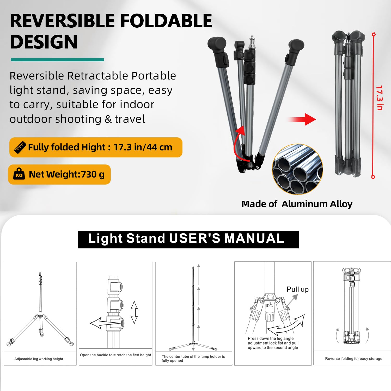 Jebutu Extendable Photography Light Stand, Adjustable 6.6Ft/2M Aluminum Light Tripod Stand For Travel, Reversible Portable Studio Lighting Tripod For Ring Light Camera Flash Light Strobe Light Webcam Softbox