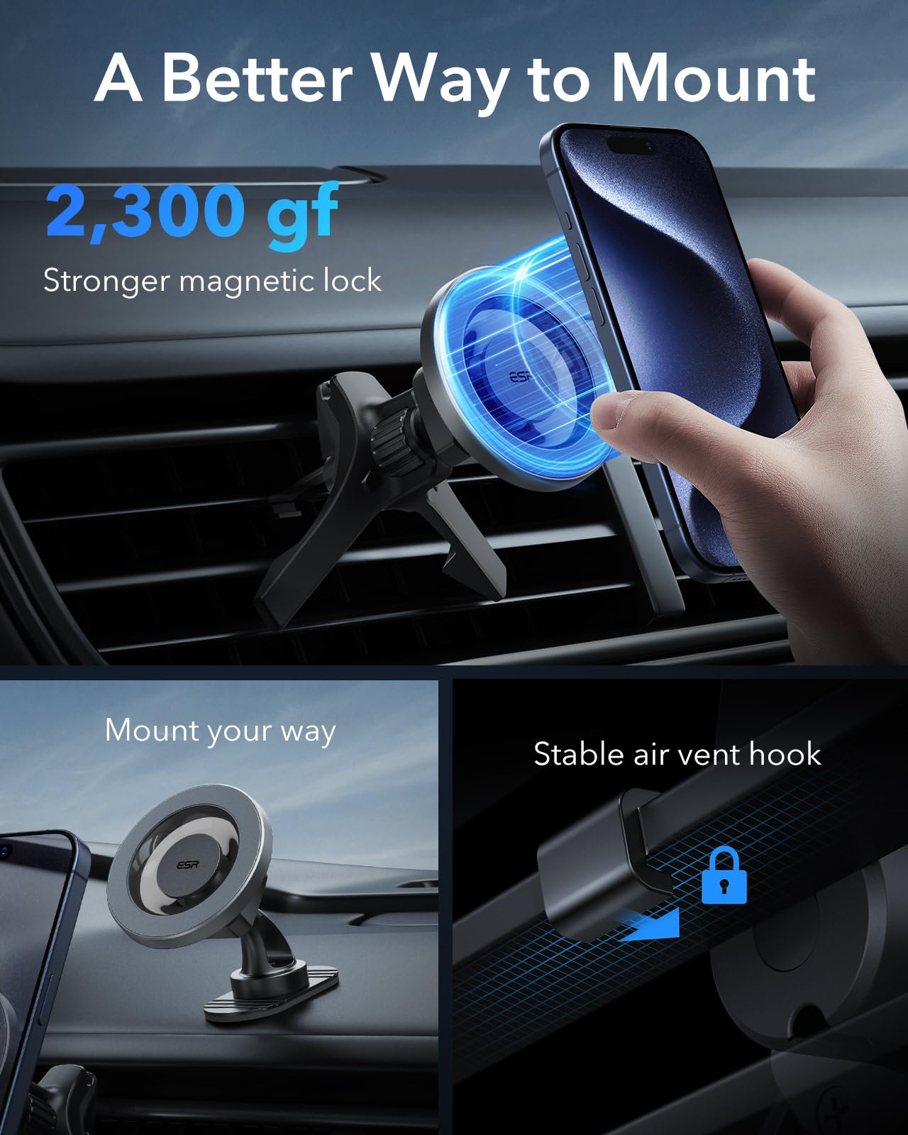Esr For Magsafe Car Mount, Air Vent/Dashboard Magnetic Phone Holder For Car, Strong Magnets,Car Phone Holder Mount For Iphone 16/16E/15/14/13/12/Samsung/Android,All Smartphones(2 Metal Rings Included)