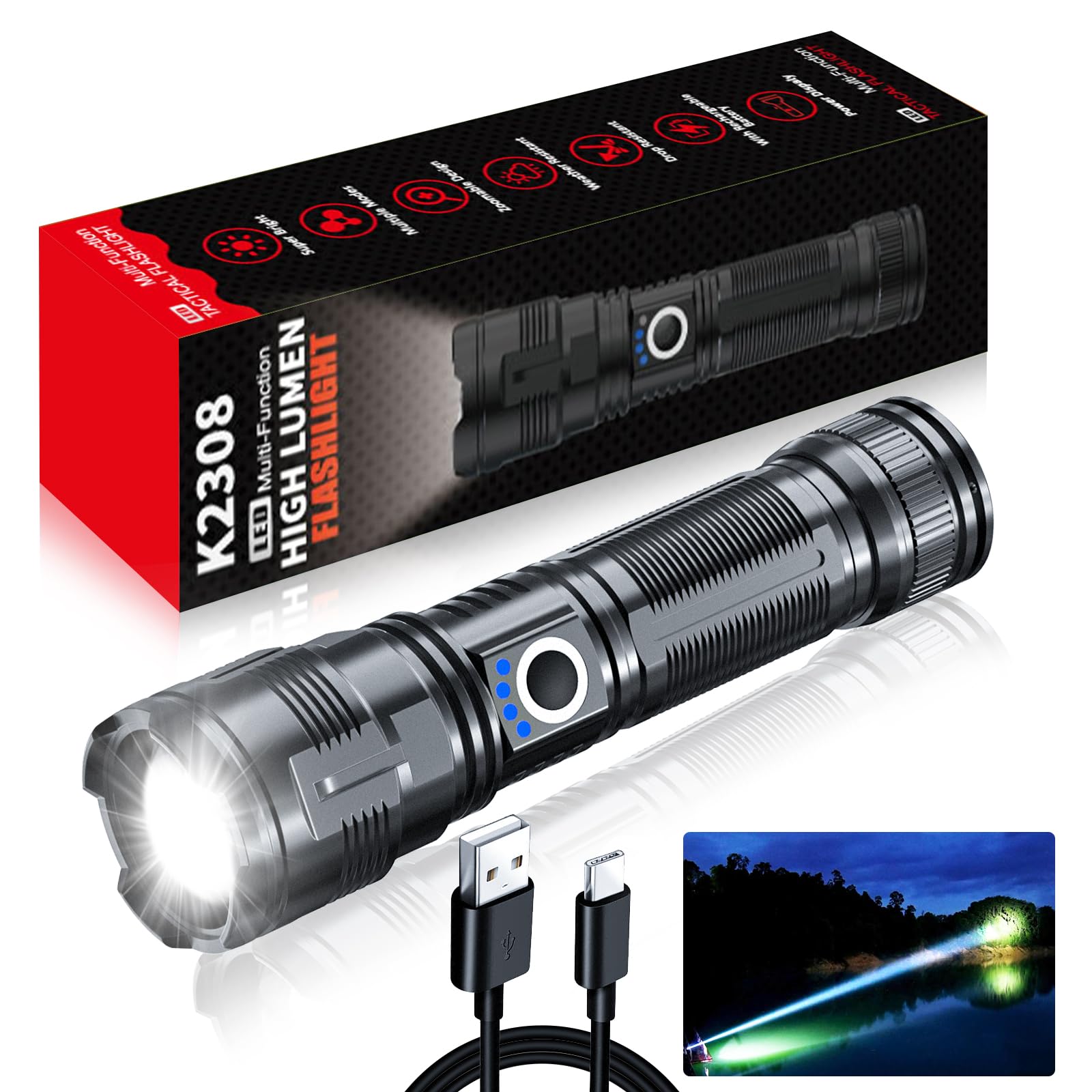 Vnina Flashlights High Lumens Rechargeable Usb C Flash Light, Super Bright Led Flashlight With 100,000 Lumens, Long Beam 3280Ft, Ipx5 Waterproof Tactical Flashlight Powerful For Emergency, Camping