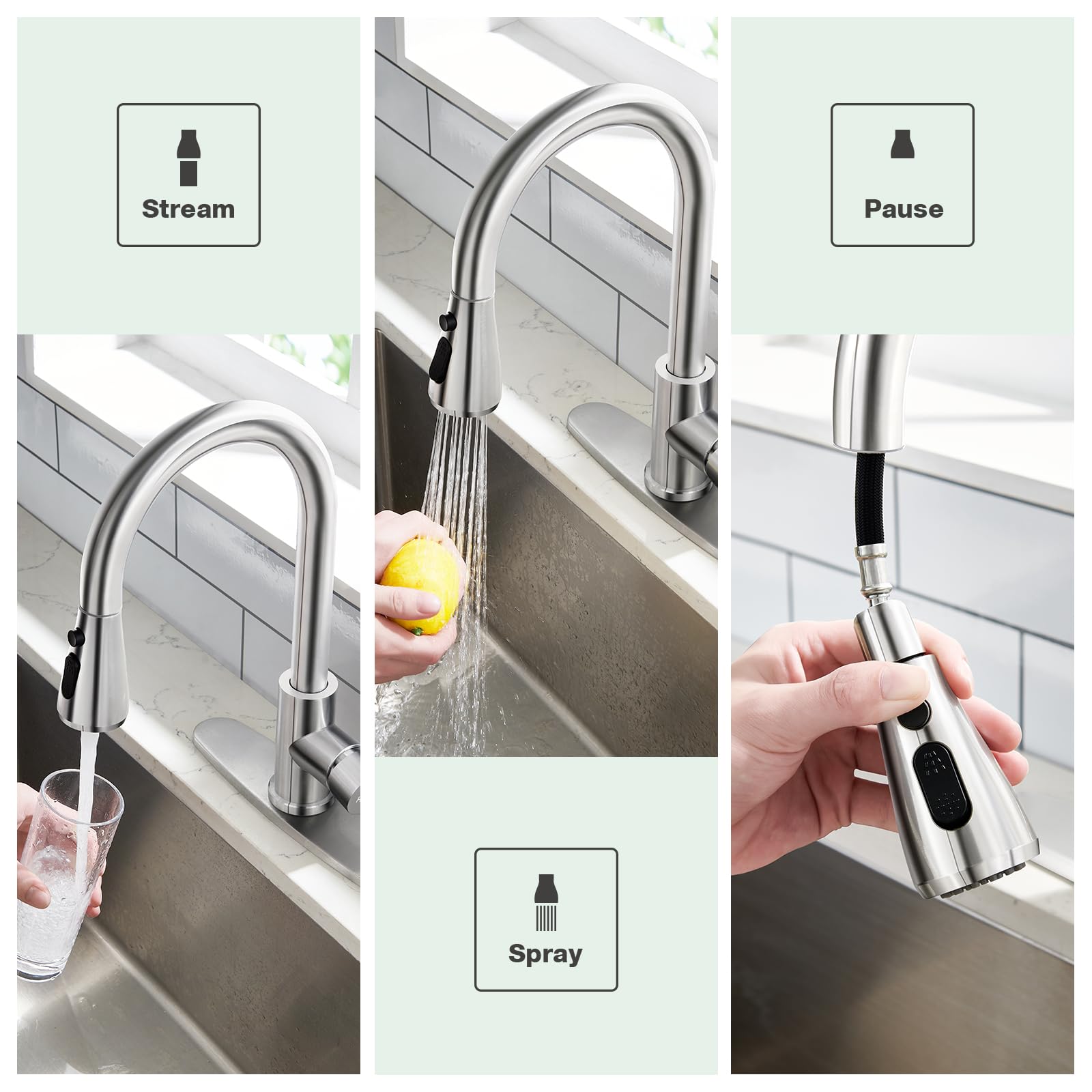 Iozuyio Kitchen Sink Faucet With Soap Dispenser, Brushed Nickel Kitchen Faucet With Pull Down Sprayer 3 Modes, High Arc Stainless Steel Single Handle Kitchen Faucets For Bar Laundry Rv Utility Sink