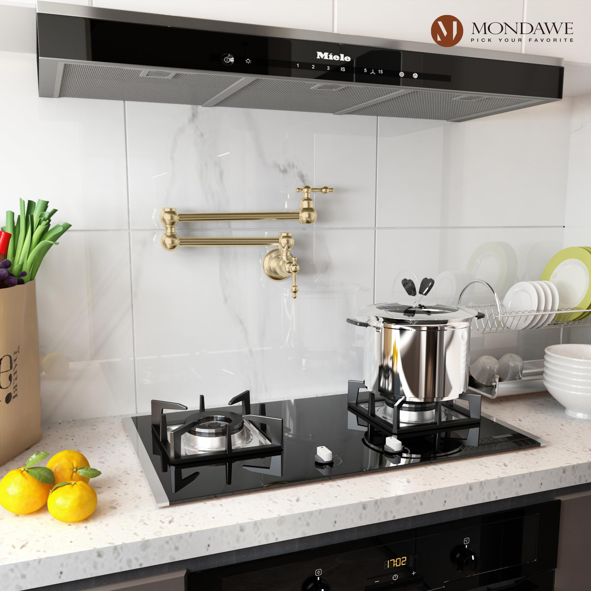 Mondawe Brushed Gold Pot Filler Faucet, Brass Wall Mount Stove Faucet, Double Handle Folding Pasta Faucet Over Stove, Kitchen Pot Faucet With Double Joint Swing Arms, 1.8 Gpm, 360°Rotation
