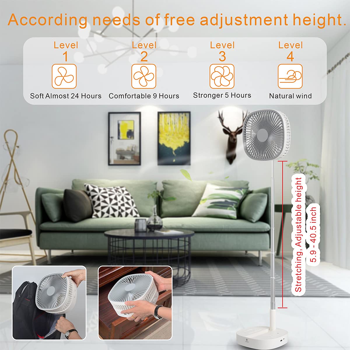Portable Pedestal Fan - Foldaway Standing Fan Foldable Desk Fan, Use 7200Mah Rechargeable Battery