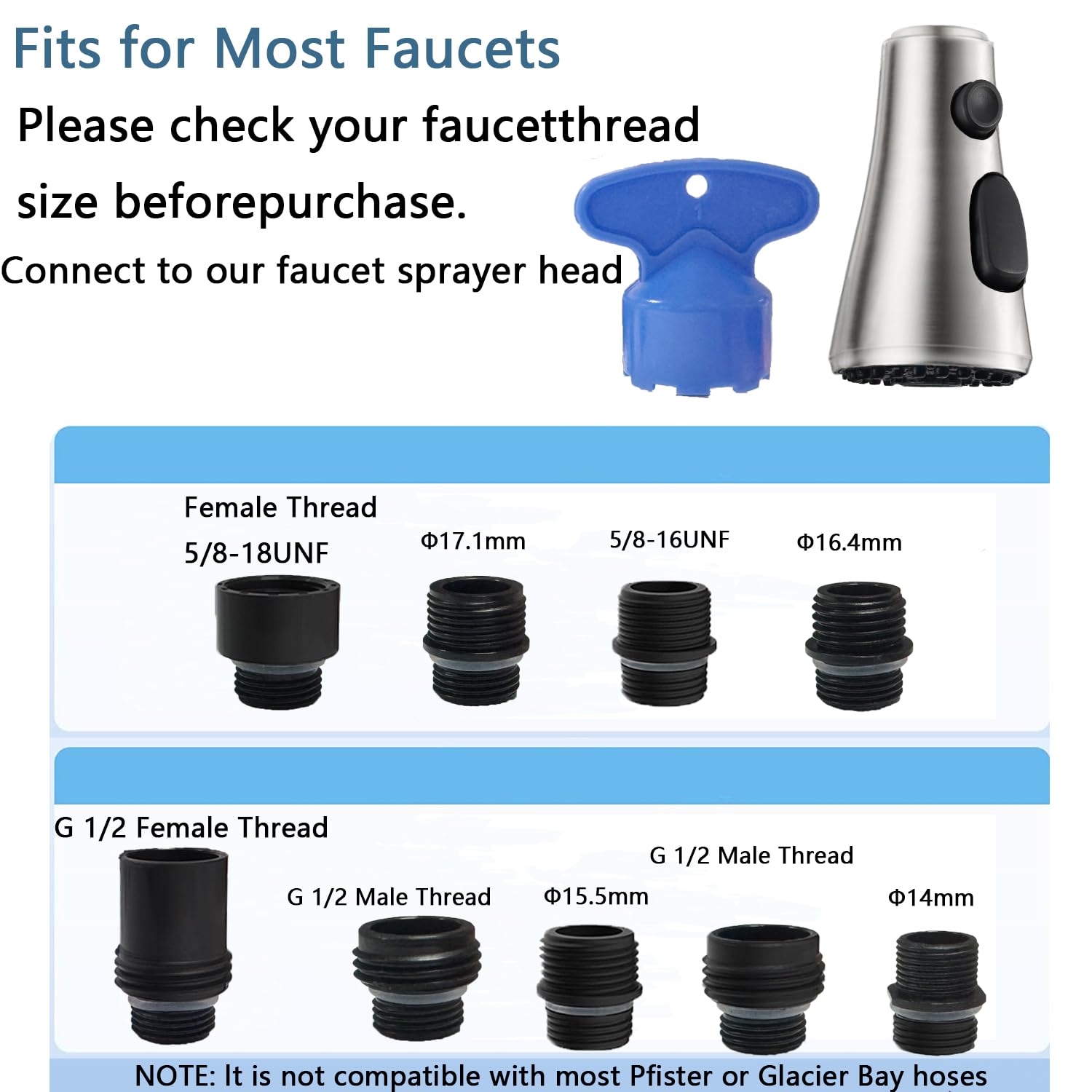 Rqjlz Pull Down Spray Head For Kitchen Faucet, 3 Modes With 9 Adapters, Faucet Head Replacement Compatible With Moen, American Standard, Kohler Faucets, Delta, Brushed Nickel