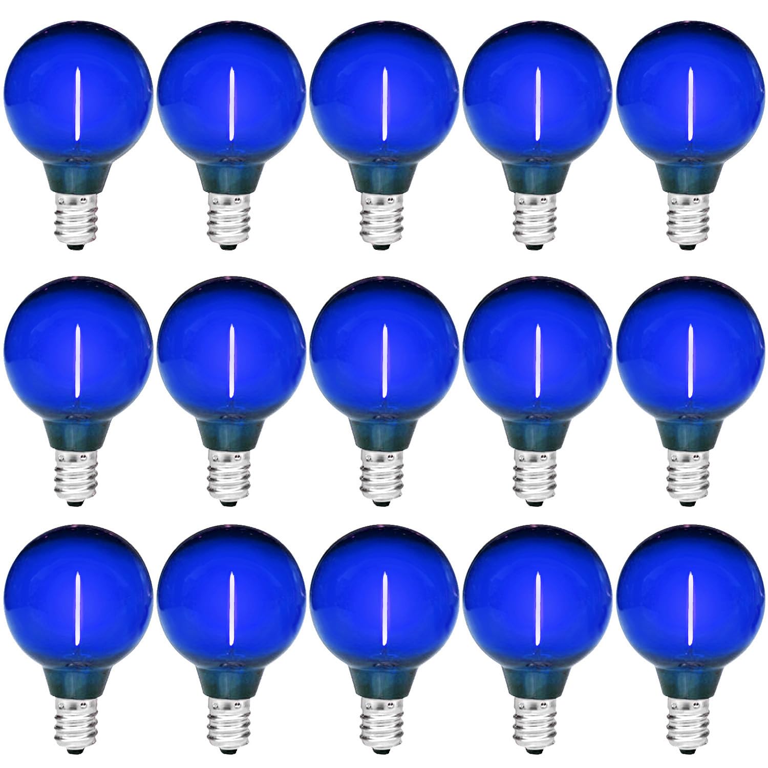 Guileduo 15 Pack G40 Blue Light Bulb Led Christmas Replacement Bulbs, 1 Watt E12/C7 Candelabra Base Globe Light Bulbs For Outdoor String Lights, Shatterproof Plastic Clear Night Light Bulbs, 120 Volt