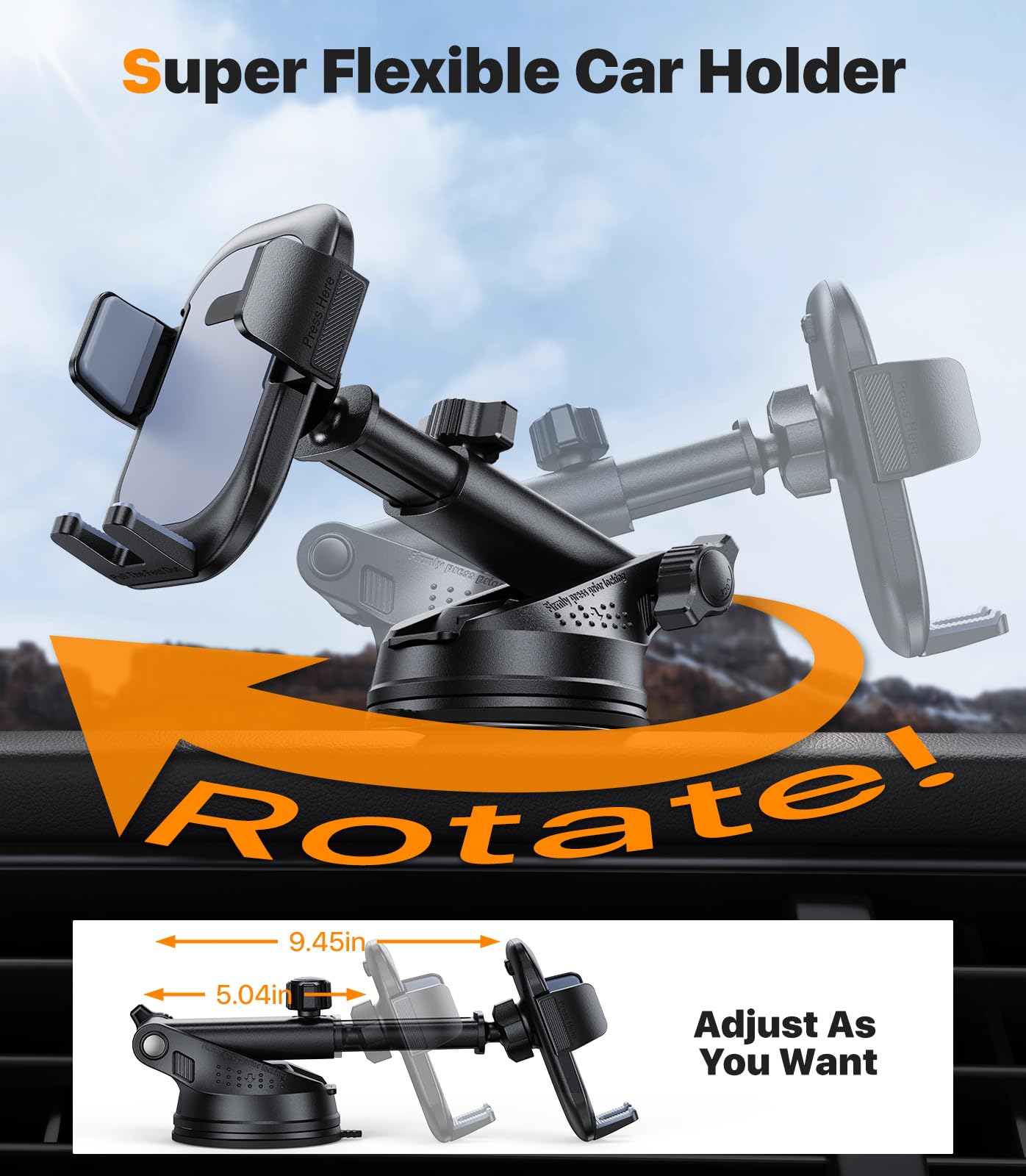 Hitolza Ultra Stable Phone Holders For Your Car [Powerful & 360 Adjustable Suction Cup] Universal Car Phone Holder Mount Long Arm Flexible Car Mount For Dashboard Windshield Air Vent All Phone Case