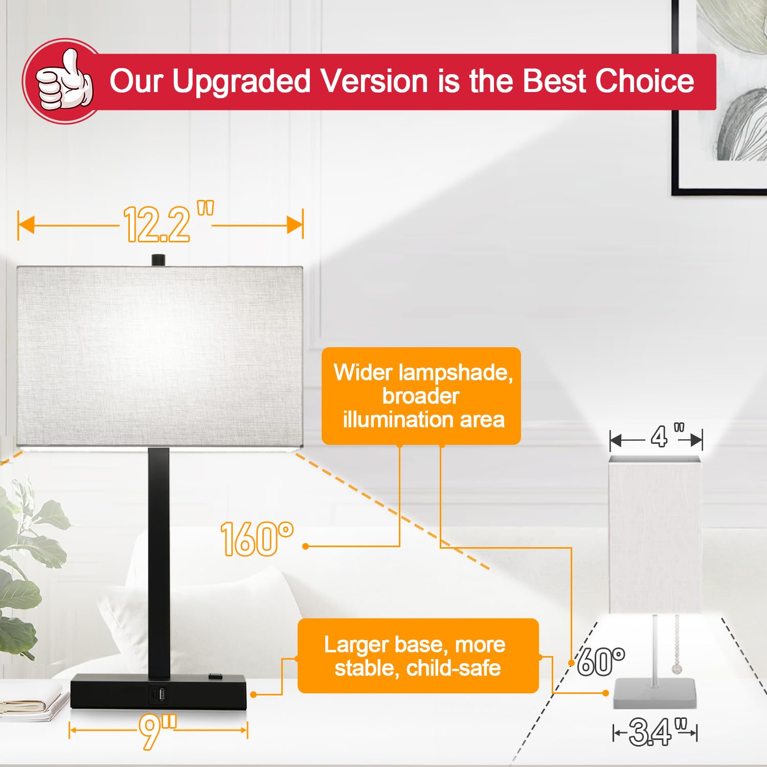 Lynnoland 21" Set Of 2 Touch Control Table Lamps With 2 Usb & Ac Outlets, 3-Way Dimmable Modern Nightstand Lamps For Bedroom Living Room Office Reading, Gray Shade Bedside Lamps, 5000K Led Bulbs Included