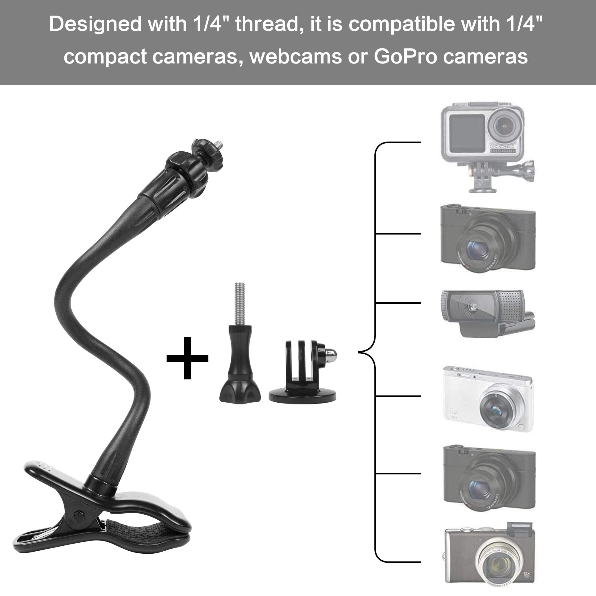 Fahliso Flexible Jaws Clamp Mount For Gopro Webcam Stand Holder Desk Table Clip With 1/4” Screw Thread 360° Ball Head Compatible With Logitech Webcam/Dji Action Cameras