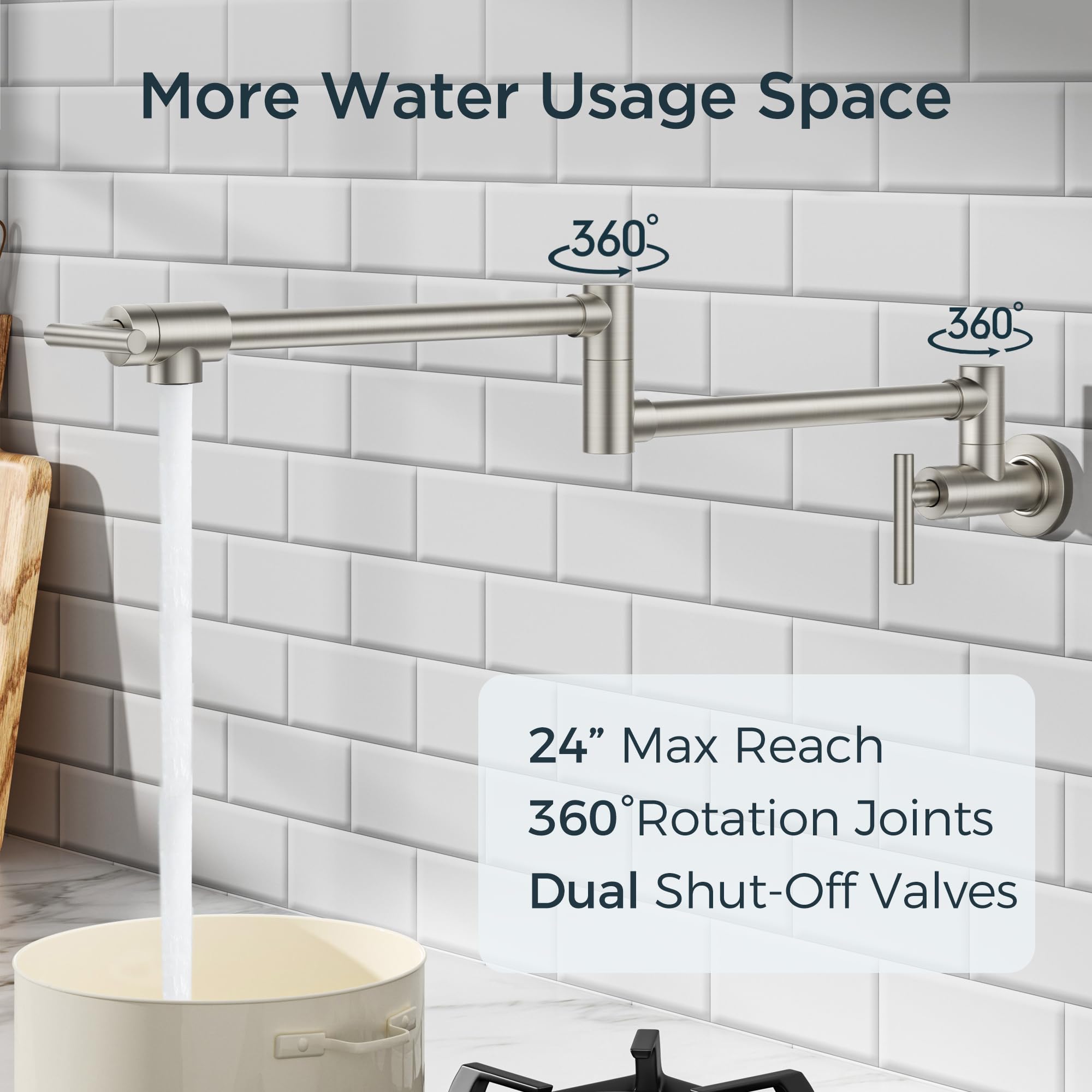 Forious Brushed Nickel Pot Filler Faucet Over Stove, Solid Brass Modern Wall Mount Commercial Folding Faucet With Stretchable Double Joint Swing Arms For Kitchen Restaurant