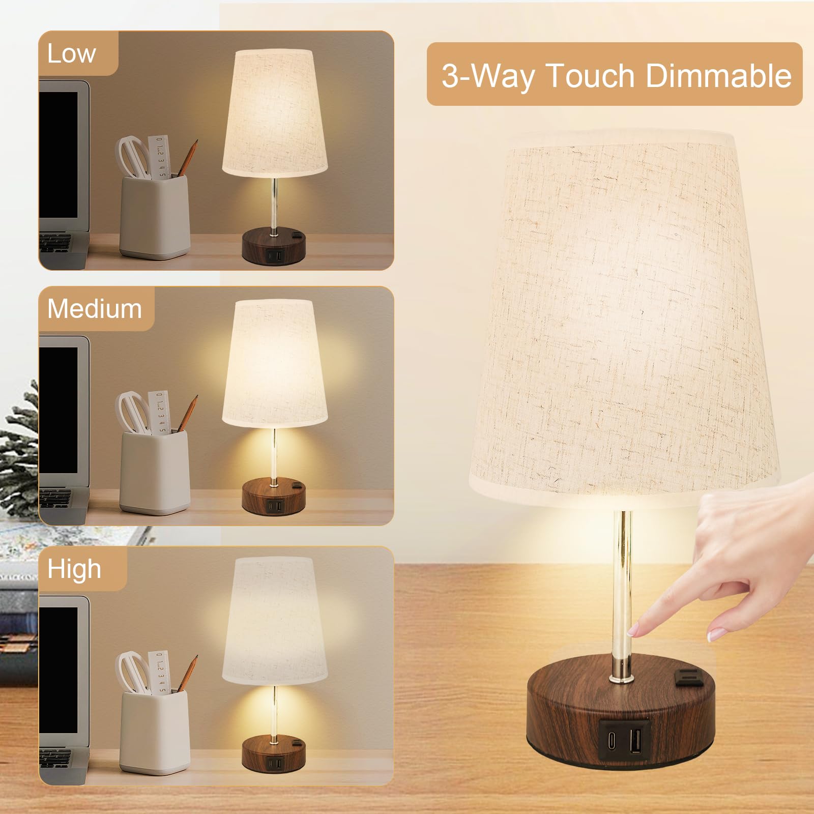 Novus Lighting Touch Table Lamp - 3 Way Dimmable Bedside Lamp With Usb-C Usb-A And Ac Charing Ports Wood Grain Base With Trapezoidal Linen Lampshade E26 Bulb Included (Cherry Wood Grain)
