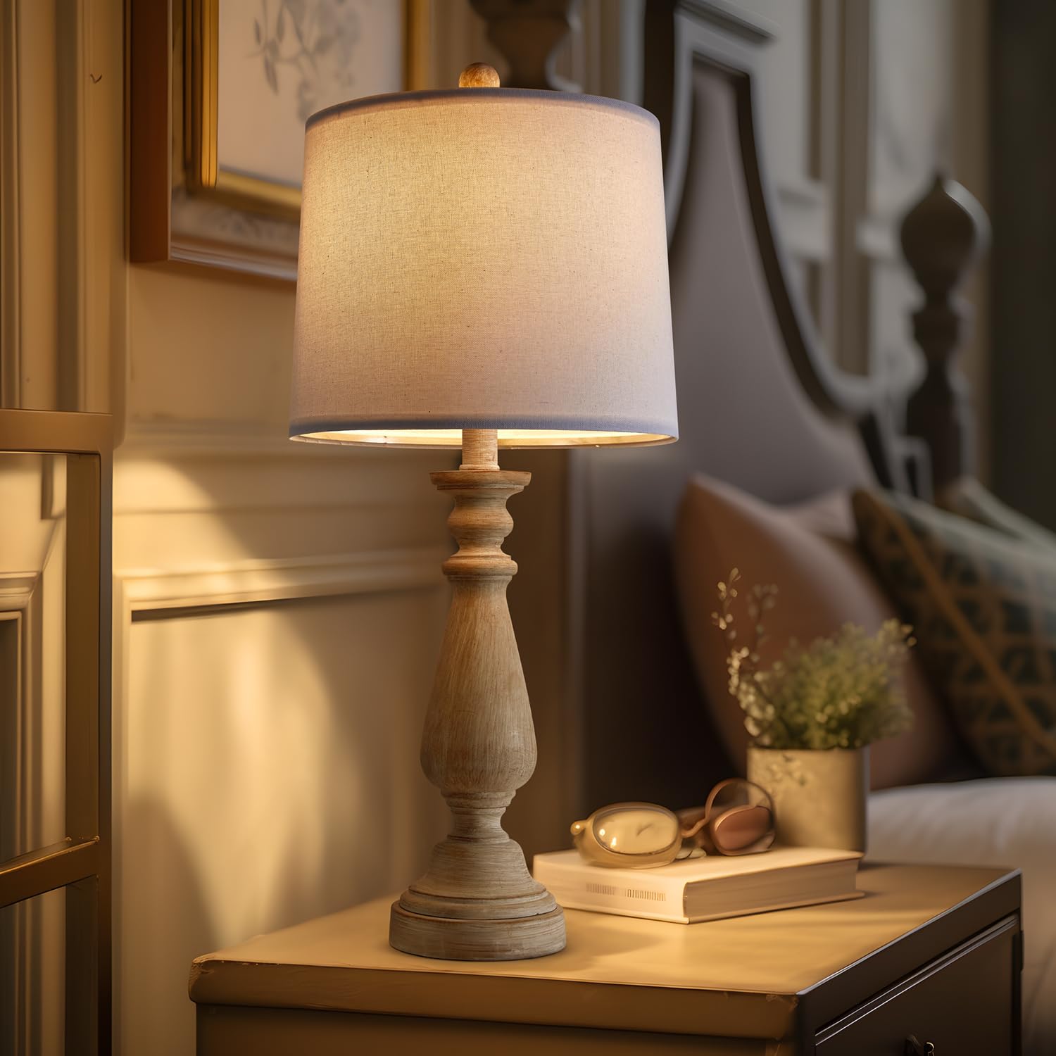 Portres 24.5" Mid Century Single Table Lamp For Living Room Farmhouse Linen Bedside Lamps For Bedroom Kids Room Dorm Office Rustic Lamps For End Table Nigntstand Resin