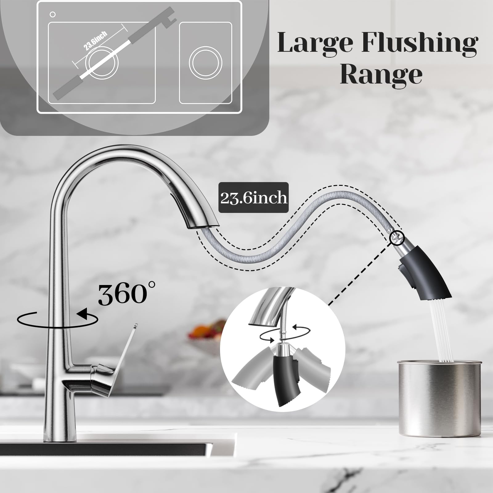 Bikusog Kitchen Faucet With Concealed Pull Down Sprayer, Swan Art,Imitation Swan Neck Curved Single Handle Brass Kitchen Sink Faucet,Kitchen Sink Faucet Suit For Kitchen Sink, Bar, Laundry, Rv(Silver)