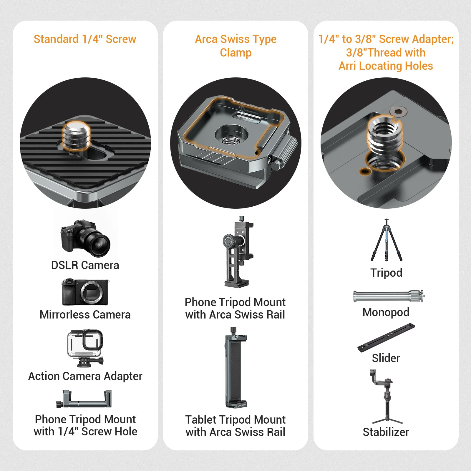 Leaplumin Camera Quick Release Plate Kit With Double Secure Safety Lock，Aluminium Quick Release Plate Arca Qr Clamp With Quick Switch Auto Lock Design，Arca Type Quick Release Plate Kit With Leveler
