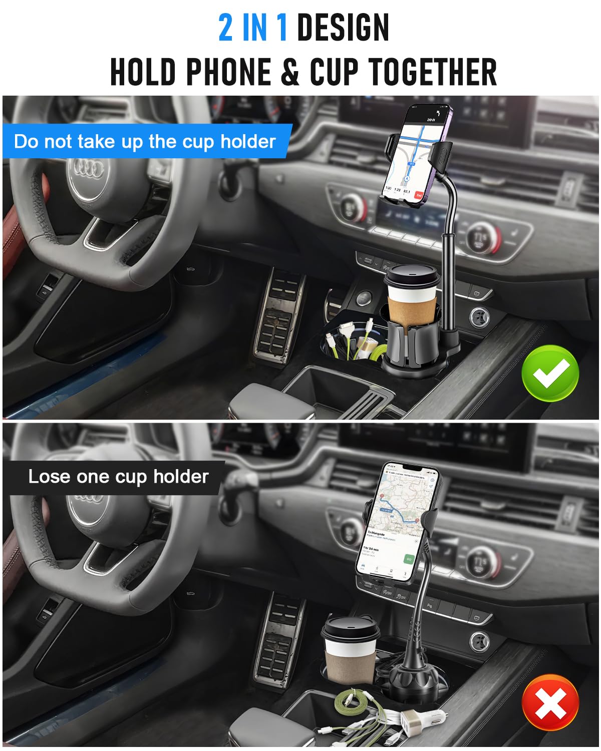 Uncaddn Cup Phone Mount For Car, 2 In 1 Universal Cup Phone Holder For Car, Stretchable Long Neck Car Phone Mount, Hands  360° Rotation Compatible With All Smartphones