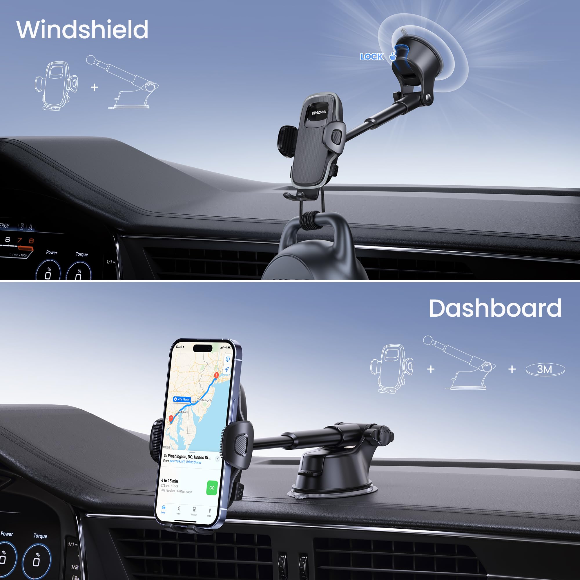 Bivicvvu Car Phone Holder, Phone Holders For Your Car Dashboard Windshield, 360° Adjustable (4.8-7") Telescopic Arm, Suction Cup Cell Phone Holder For Truck Cradles Universal Car Mount For All Smartphones
