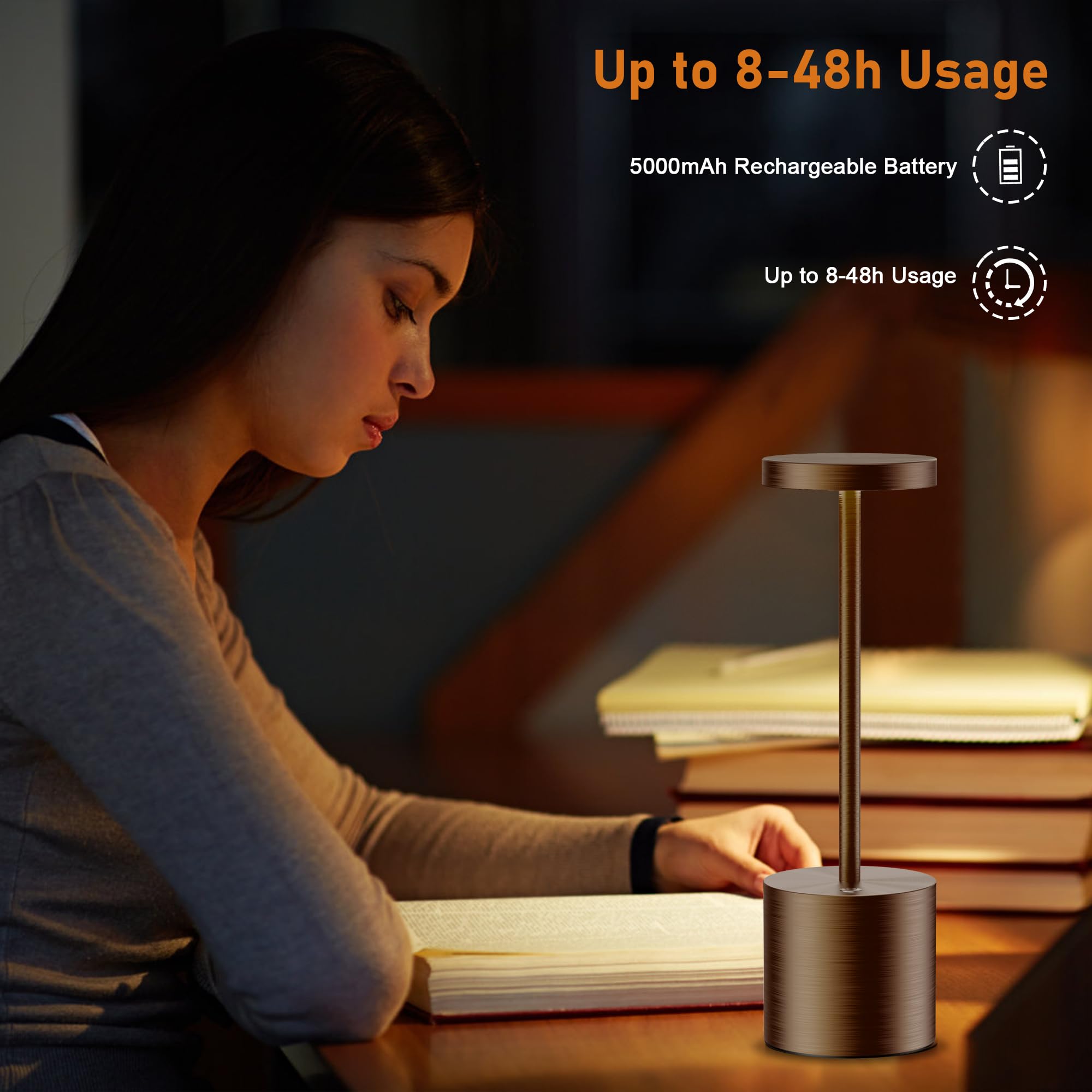 Shangcai Rechargeable Cordless Table Lamp, 5000Mah Battery Operated Outdoor Waterproof Portable Led Touch Desk Lamps For Home Restaurant Dinning Bar Patio Small Table Lights (Moka)