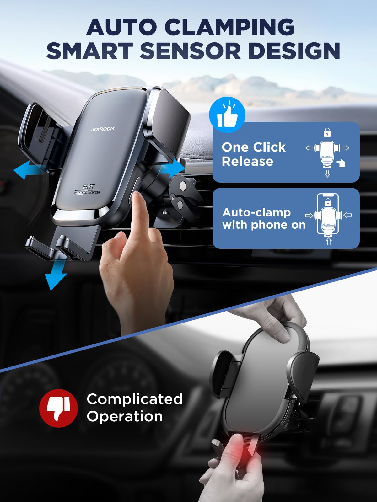Joyroom Wireless Car Charger, 15W Qi Fast Charging Auto Clamping Car Charger Phone Holder Mount, Cell Phone Holder Car Mount For Iphone 16 15 14 13 Pro Max Xs, Galaxy S24 Ultra, Lg, Google
