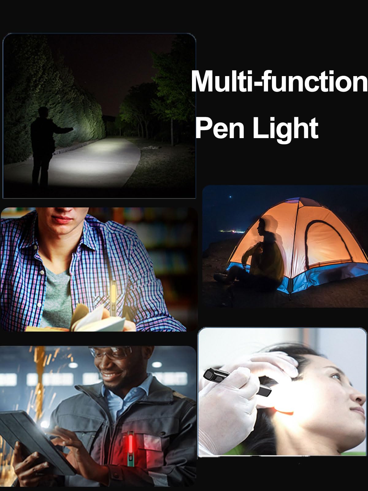 Tileon Rechargeable Pen Flashlight With 6 Modes & Power Display,Type-C Charging Led Pen Light With Cob Light,Portable Pocket Flashlight For Camping, Emergency, Home (Gray)